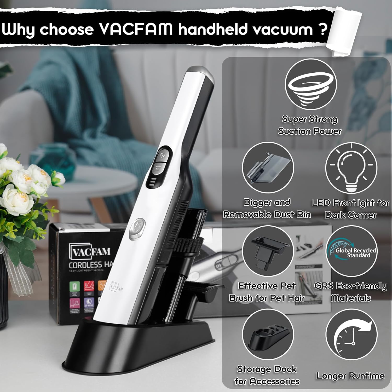 Handheld Cordless Vacuum Cleaner, Portable Car Vacuum with 18KPa Suction Power, Quick-Charge Hand Vac with LED Headlight & Storage Dock for Home Office Desk Keyboards Pet Hair, White - Image 2