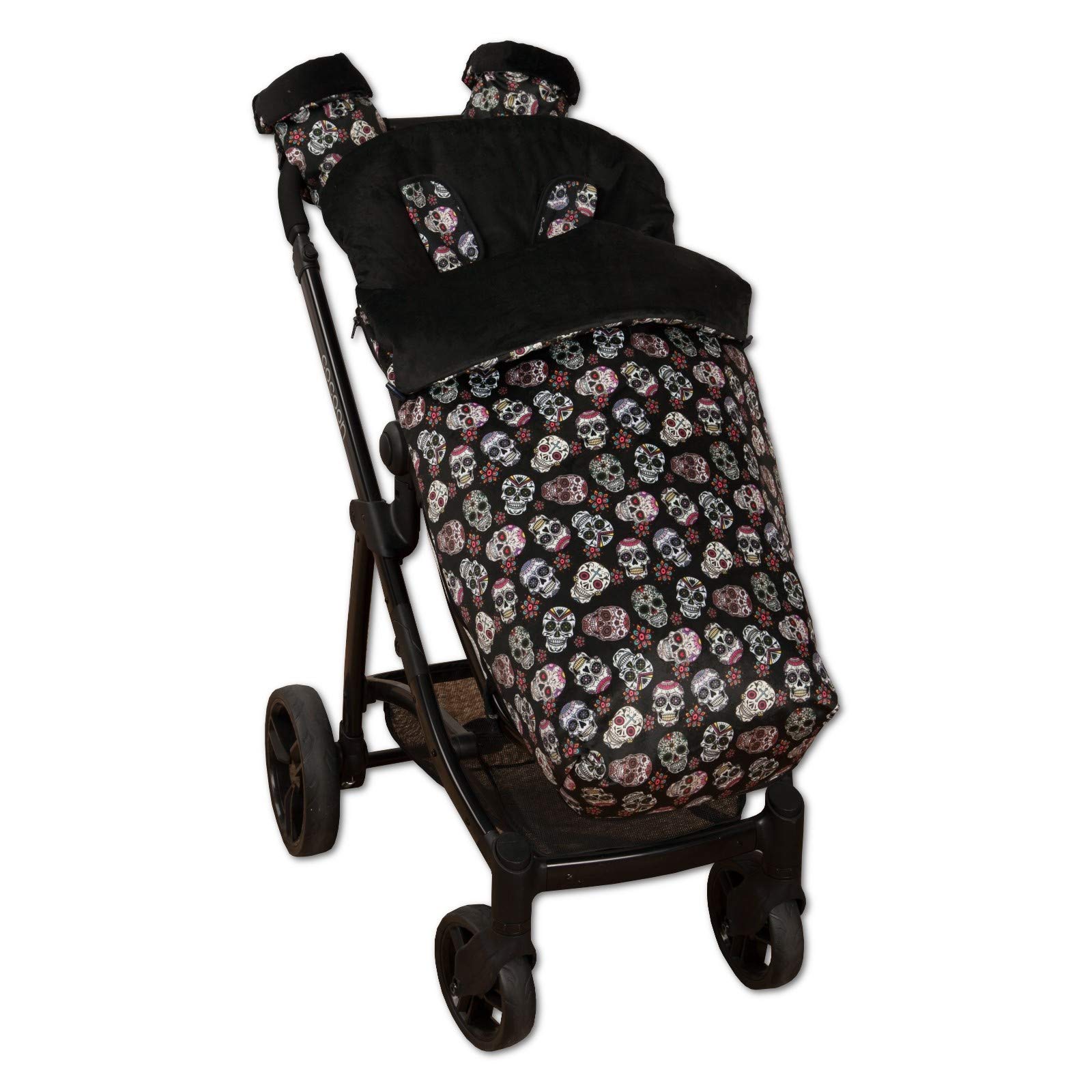 Babyline Universal Baby Footmuff Fleece Chair Indoor + Matching Gift Mitts!+ 2 Matching Gift Harness Cover! Removable, 3D Back Fabric, Water Repellent (Lovely Skull Black)