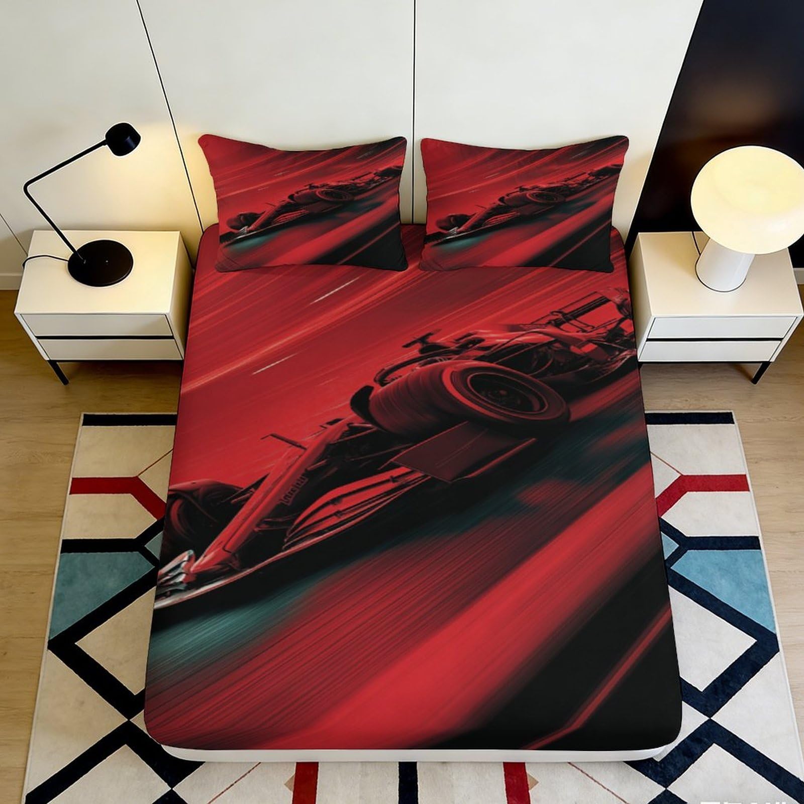 3D Printed Racing Theme Fitted Sheet Microfiber Deep Pocket Non-Slip Bedroom Bedding Racing Mattress Fitted Cover Washable for Adults Teens 200x200x25cm 90x200x25cm