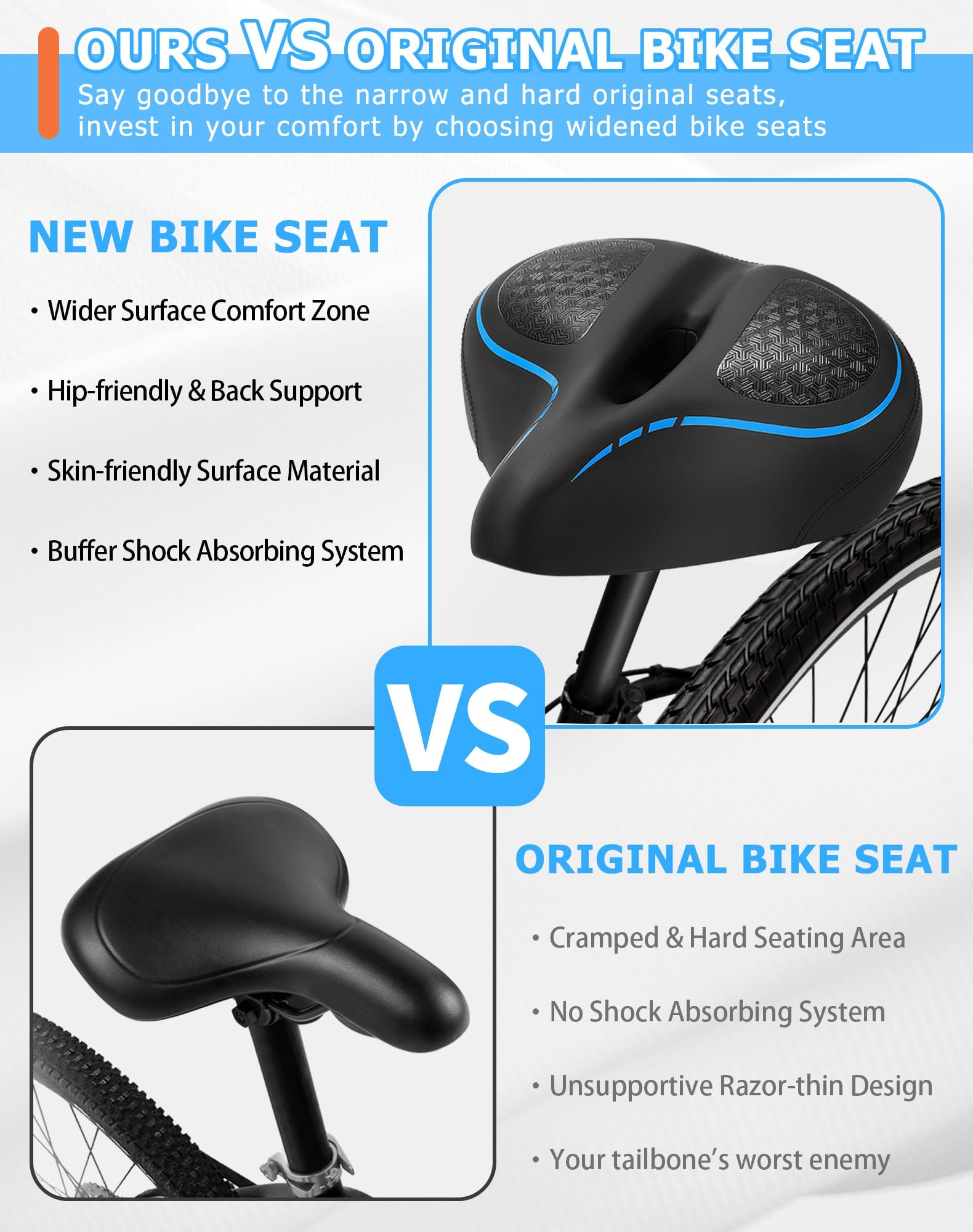 CDYWD Sillin Bicicleta Muy Comodo Hombres y Mujeres, Espesamiento, Acolchado de Espuma Viscoelástica, Montado en Suspensión, Sillín Bicicleta para MTB, Ebike, City Bike, Bicicleta Estática