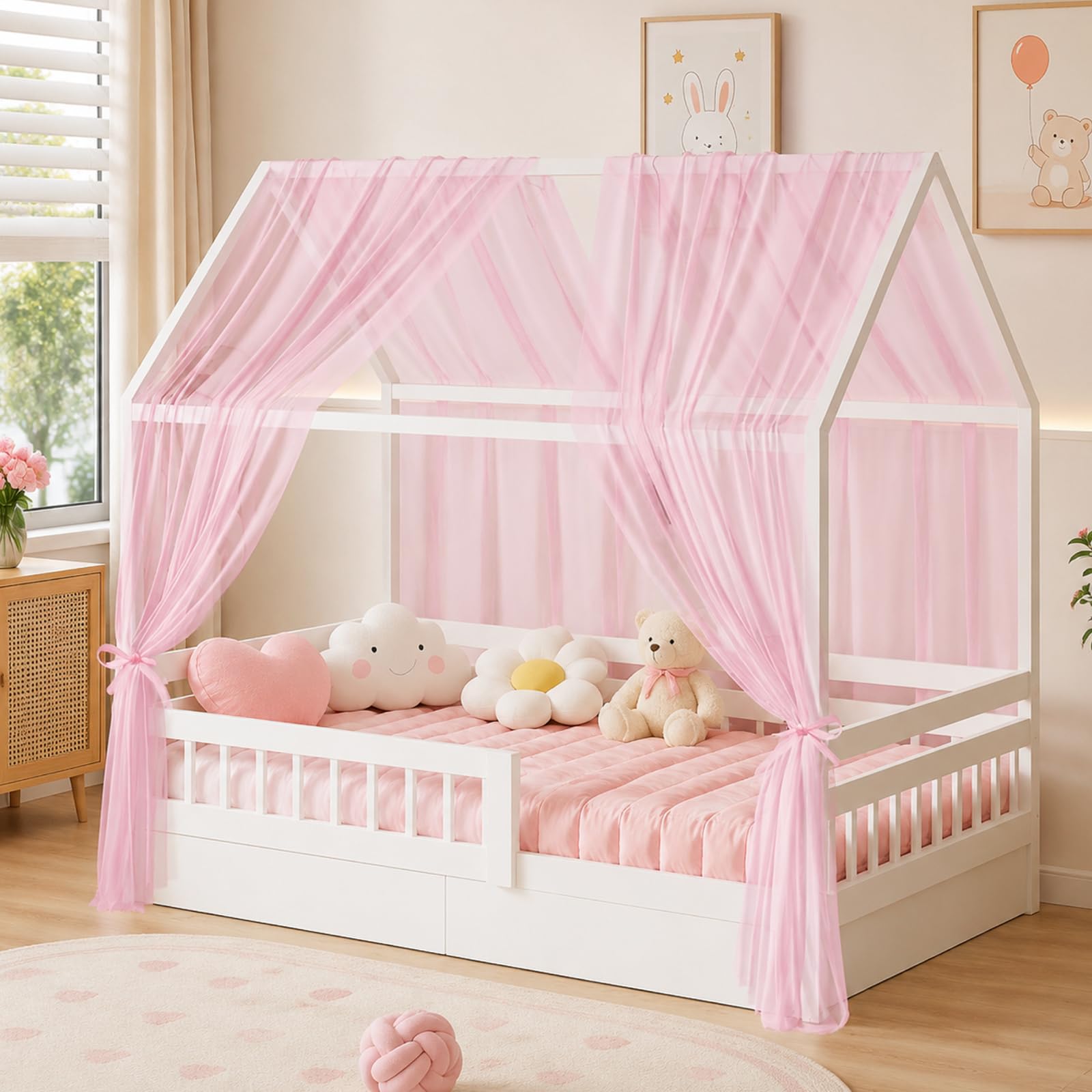 Betthimmel für Hausbett, 2 Stück Kinderzimmer Himmel 350x150cm, Hausbett Himmel aus Baumwoll-Musselin, Weich und Atmungsaktiv, Deko und Verschönerung für Jungen- und Mädchenbett, Rosa