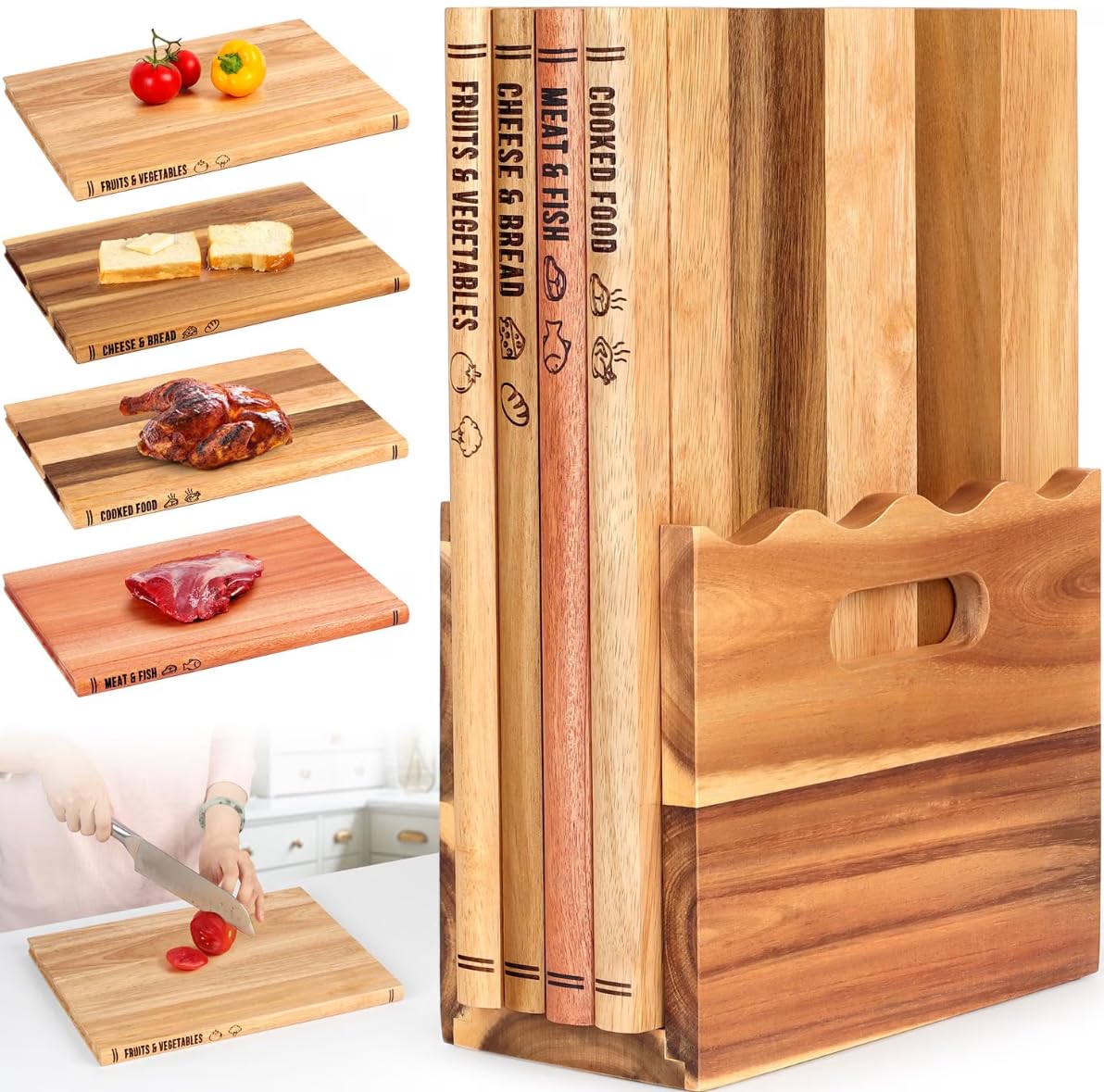 4Pcs Book Cutting Board Set with Scalloped Stand - The Cutting Board Library, Solid Wood Book-Shaped Boards for Serving & Display, Labeled for Meat&Fish, Bread&Cheese, Cooked Food, Fruits&Vegetables.