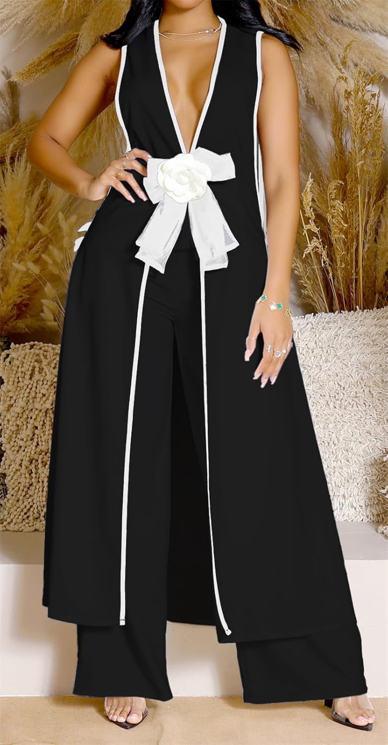 Womens Sexy 2 Pieces V Neck 3D Flower Tunic Tops Dress Bodycon Wide Leg Pants Party Clubwear Tracksuit Outfits Set, Large, Black - Image 3