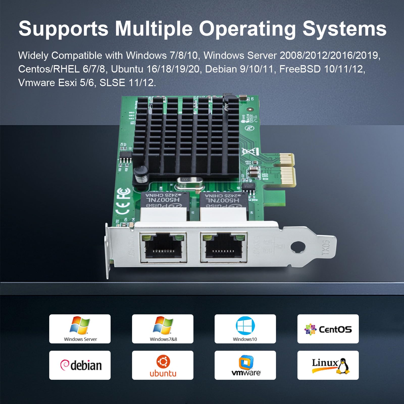 REDLUX Carte réseau PCI-e 10/100/1000 Mbps (NIC) avec puce Intel 82576EB, double ports RJ45, comparé à Intel E1G42ET, PCIE 2.0 X1, compatible Windows/Windows Server/Linux/Vmware Esxi