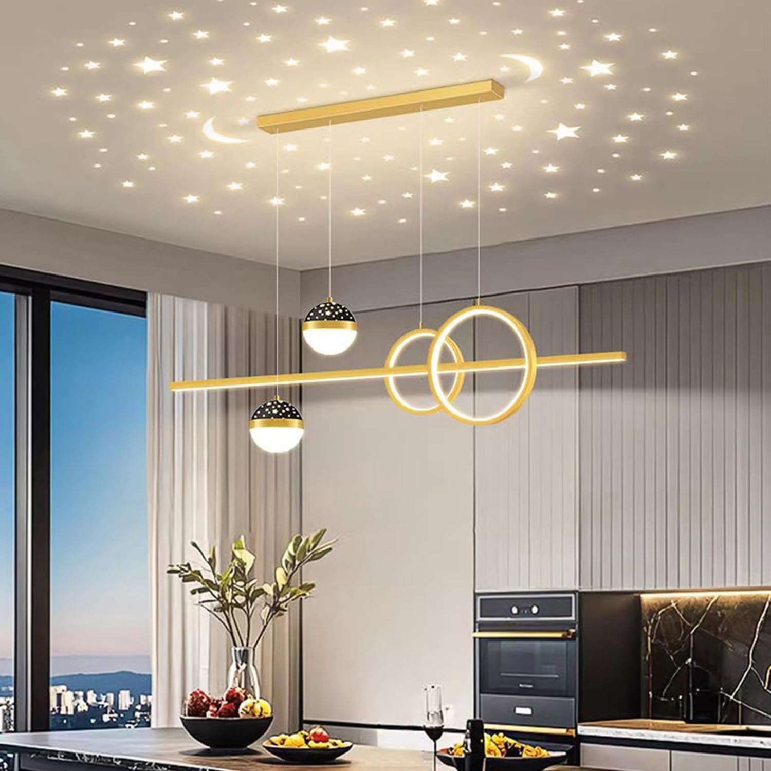 Aleaty Dining Table LED Pendant Lamp Dimmable Height Adjustable Designer Pendant Lamp with Remote Control (Gold, 80cm)