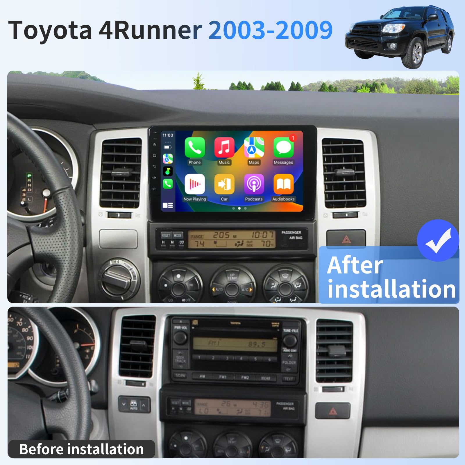 Car Radio for Toyota 4Runner 2003-2009 Radio Replacement with Wireless Carplay & Android Auto Upgrade 8Core 4+32G WiFi 4G GPS BT FM/AM Backup Camera Support JBL