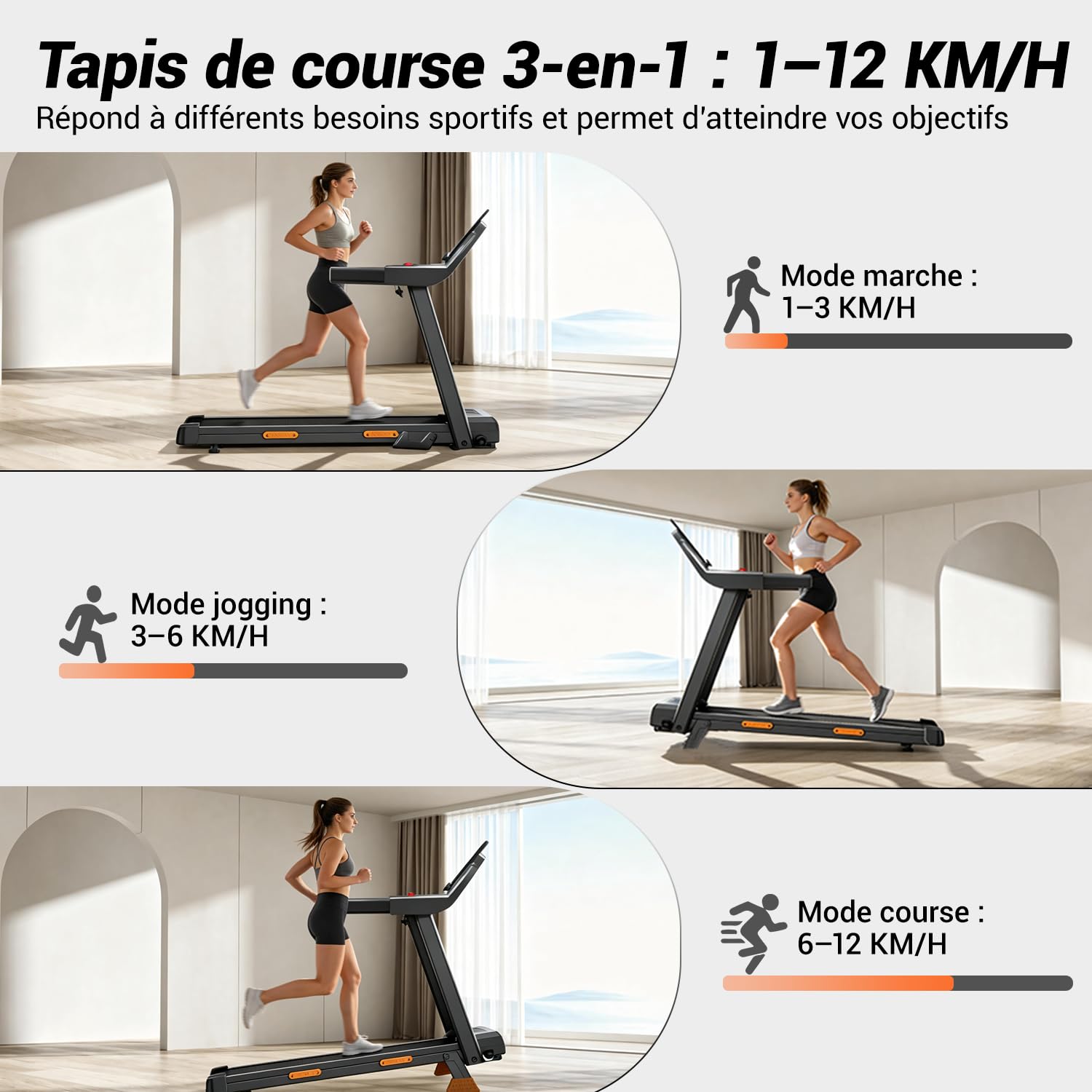 Tapis de Course Pliable UMAY 3.0HP 2200W avec Moniteur de Fréquence Cardiaque