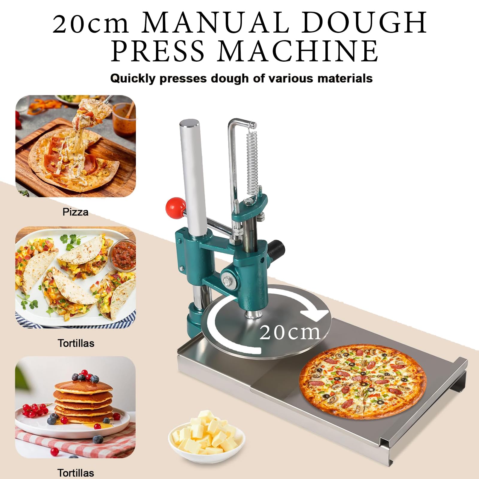 Macchina per impasto per pizza, 20 cm, con piastra di pressione regolabile, resistente per focacce, tortillas, empanadas e pasticceria, facile da usare