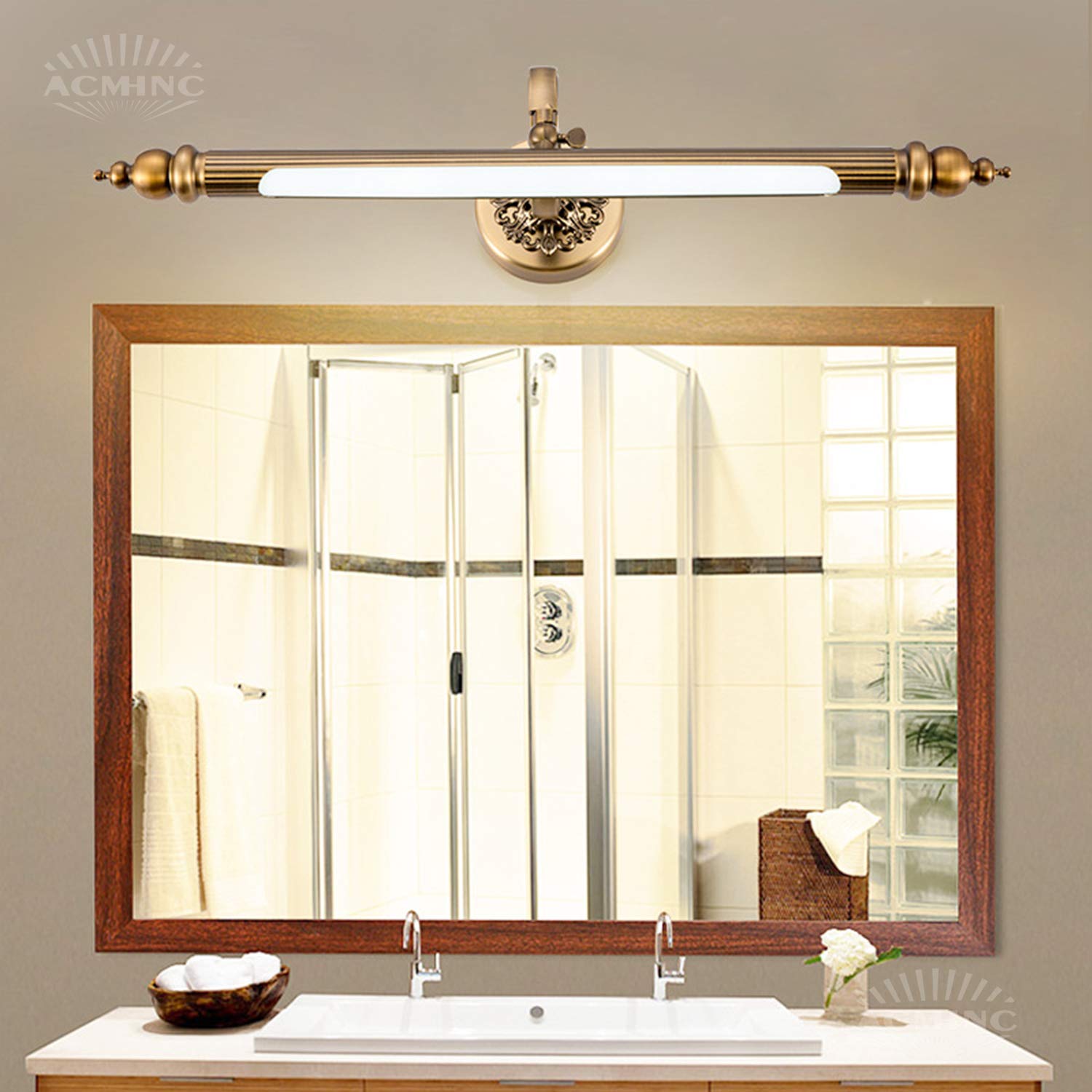 ACMHNC LED Badezimmer Spiegellampe Mit Schalter, Braune Bronze Vintage Spiegelleuchte Bad Mit Stecker Und Kabel, IP44 Badleuchte Schrankleuchte Einstellbarer Wandlampe 4000K Bilderleuchte,71cm/12w