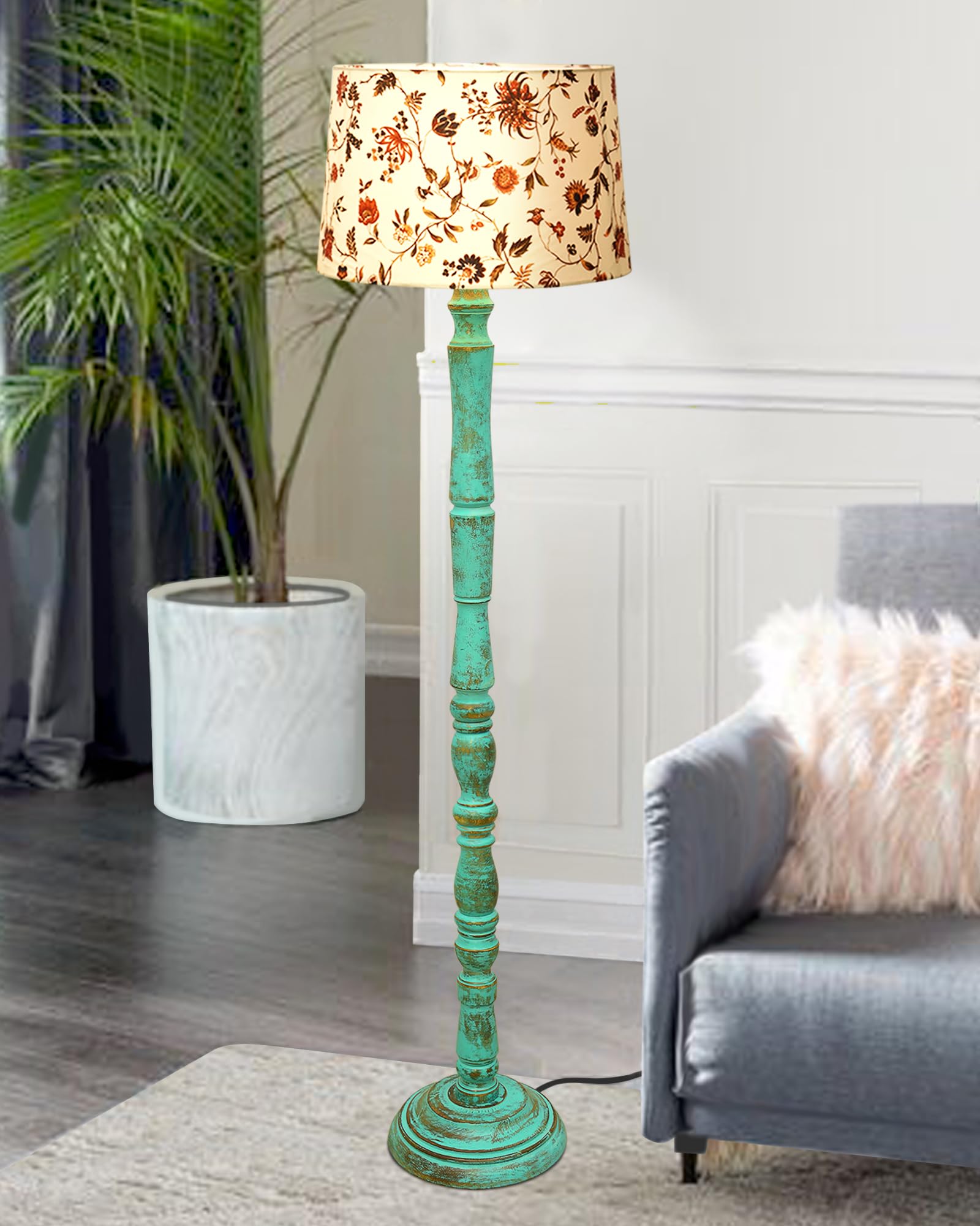 Rustic Wood Floor Lamp in Walnut Brown with Multicolor Fabric Lamp Shade | Light Decoration Home Corner | Living Room, Bedroom Bedside Floor Lamp, Antique Floor Light, Algae Stick, Vine and Flowers-picture-13