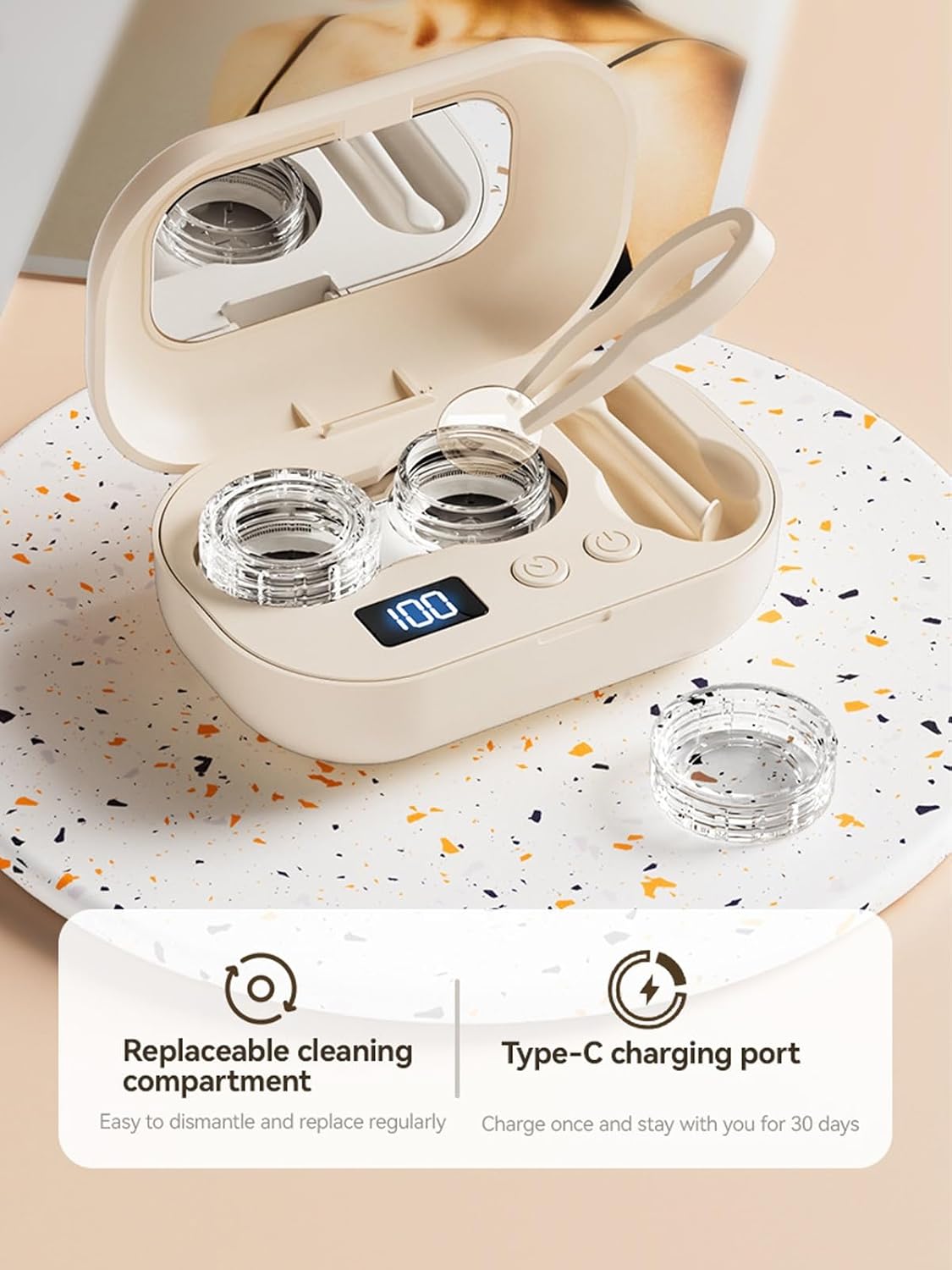 Ultrasonic Contact Lens Cleaner Machine Rechargeable Portable USB Powered 3 Modes ABS with Mirror for Gym Sports Running Fitness Outdoor Travel Office Hotel(2pcs)