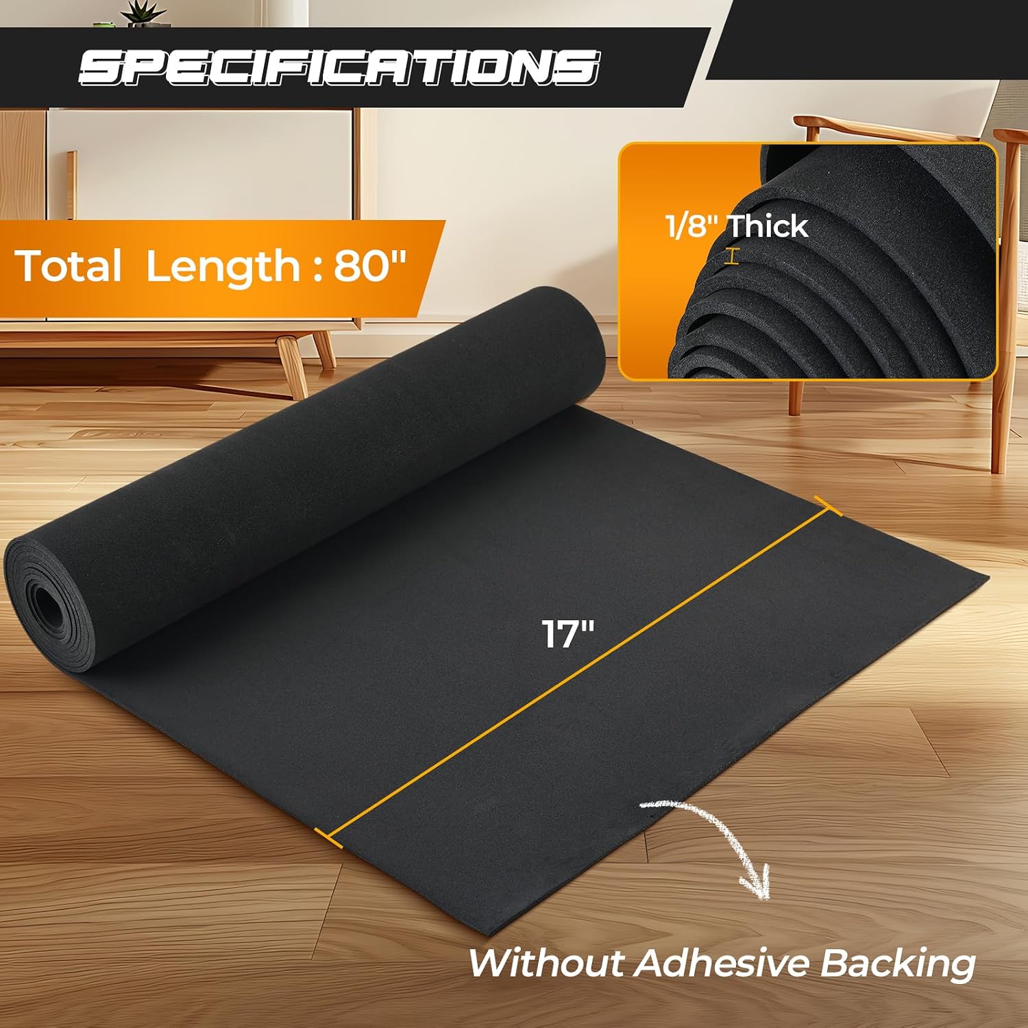 NATGAI Neoprene Closed Cell Foam Roll, 1/8" Thick, 17" W x 80" L Black Foam