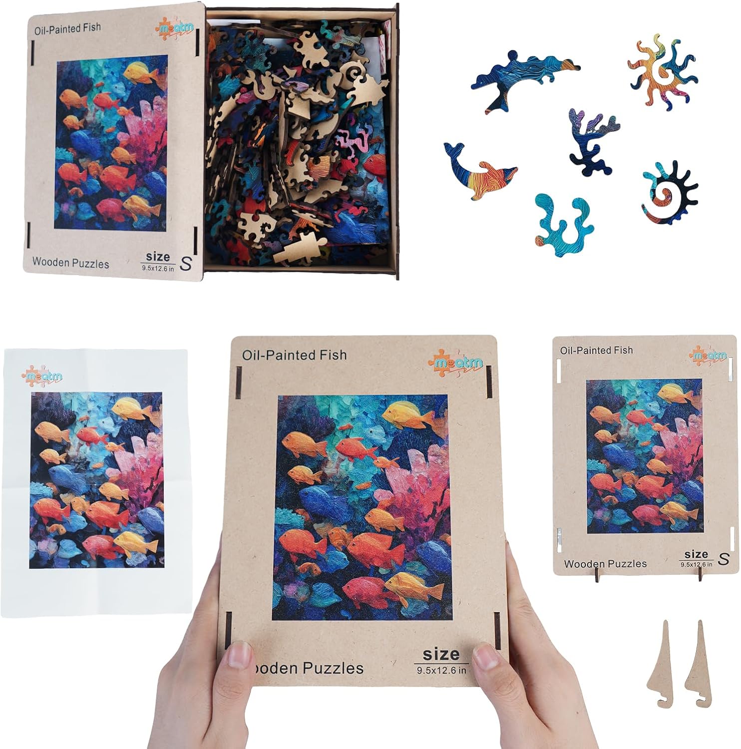 MEATRN Wooden Puzzles for Adults - Oil Painting Fish 500 Pieces Jigsaw Puzzle with Exquisite Wooden Box Packaging, Premium Gift for Puzzle Art Lovers, Fun Challenge Family Game, 13.3x17.7in