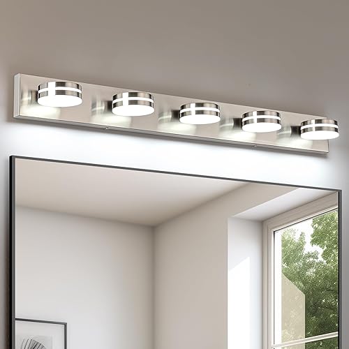 Miniatura 8 de Lámparas de baño de níquel cepillado sobre el espejo, luz de tocador de baño de 5 luces, luces LED de baño regulables, moderna lámpara de montaje en