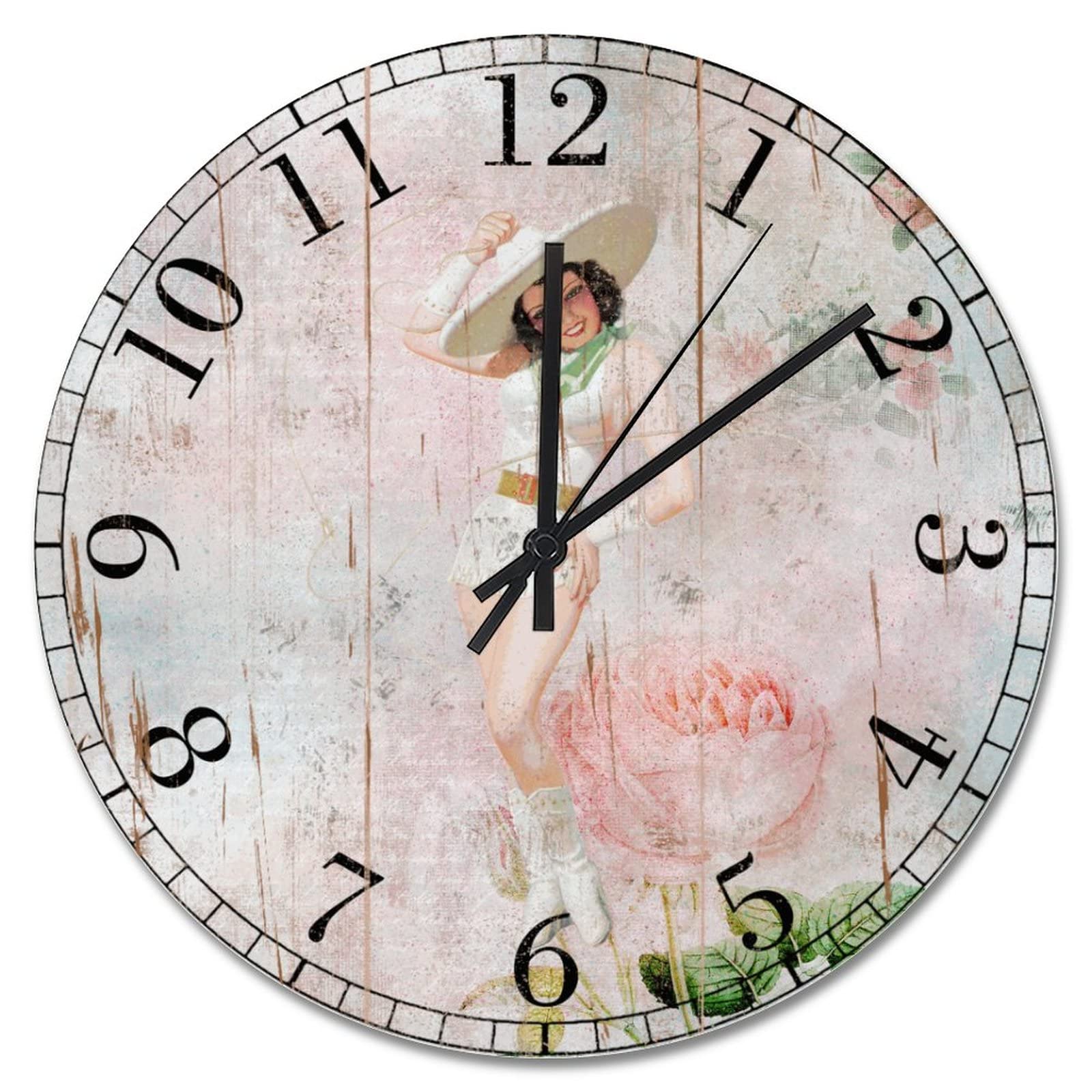 Horloge murale en bois rétro chic avec illustration de femme sexy 38cm