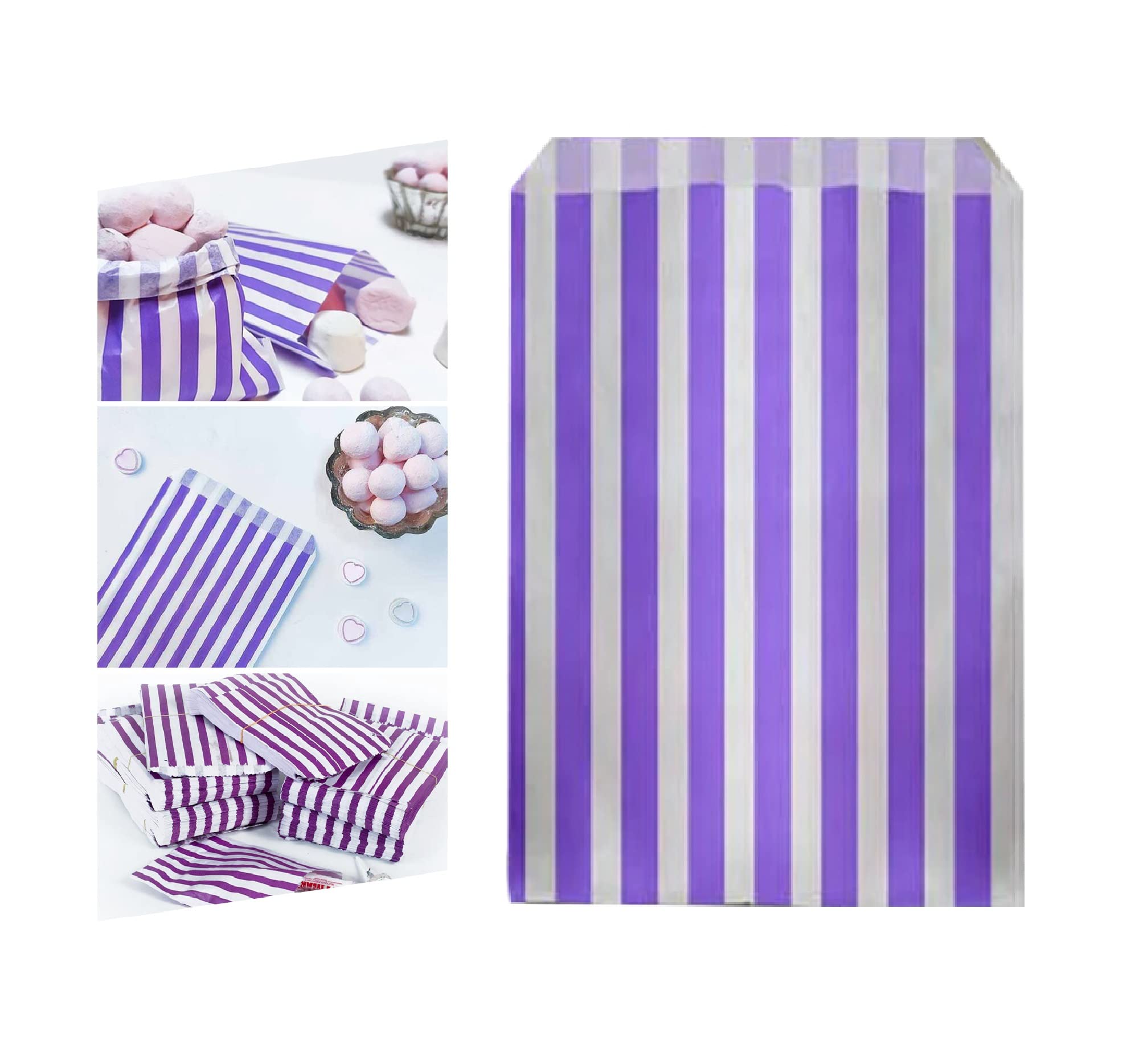 Venuscello® 100 x Candy Bags Purple Striped Sweet Bag 5" x 7" for Christmas Birthday Party Halloween Wedding & Baby Shower
