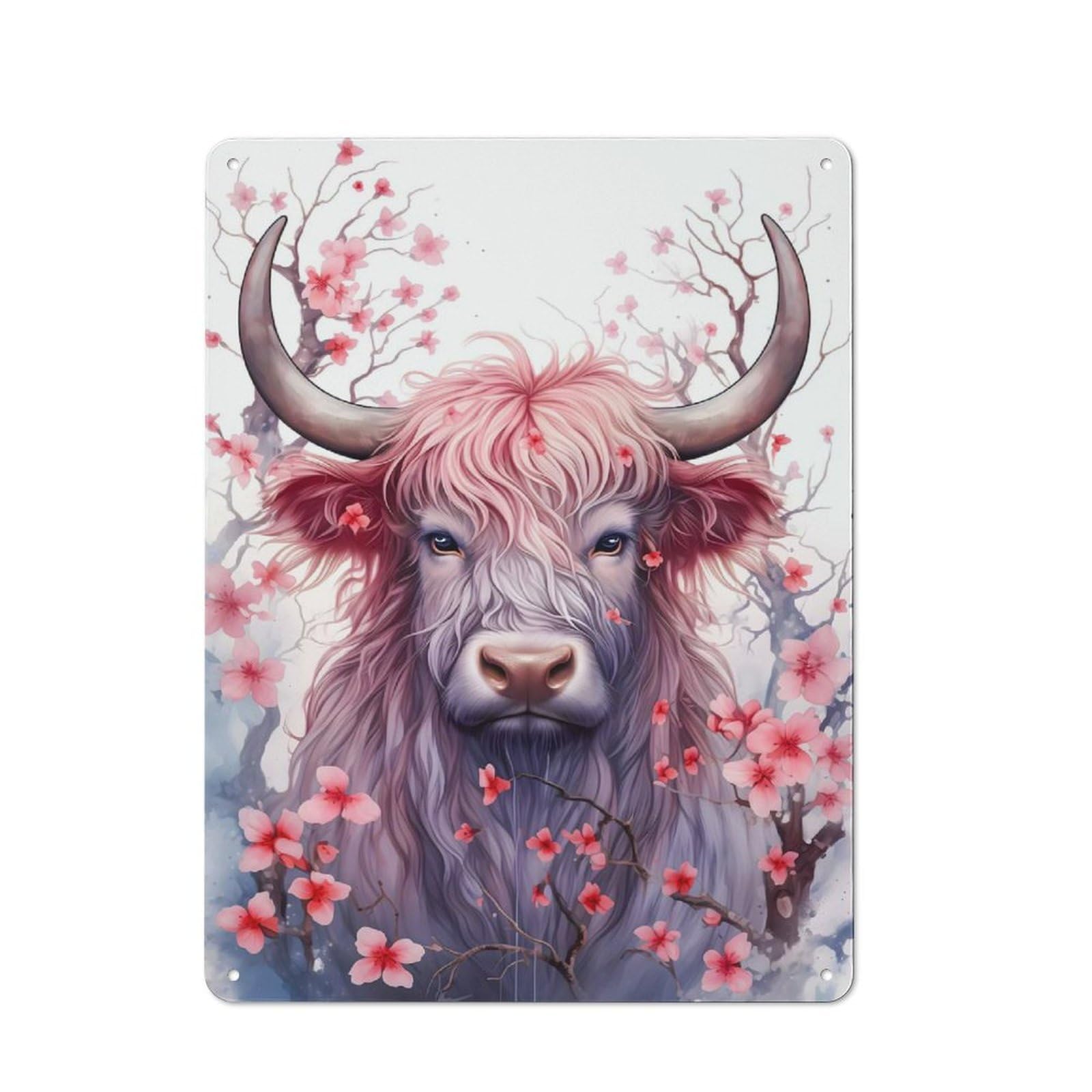 Junmoney Style Cherry Highland Cow Retro Metal Wall Sign 40X30cm For Guest Room Or Hallway, A Housewarming Gift For Home Decor Collectors