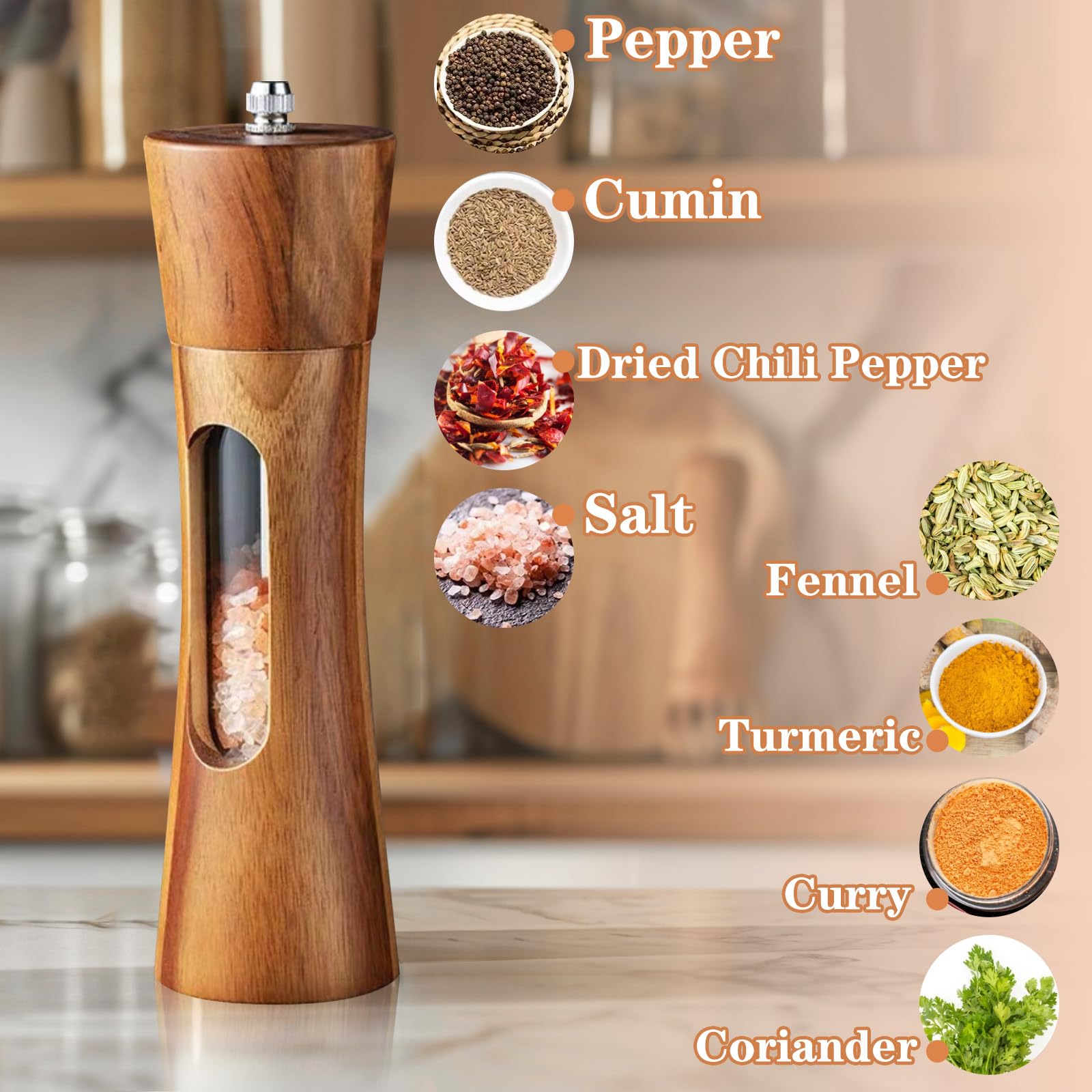 Moulin à Poivre Ou Moulin à Sel Manuel En Bois De Hêtre Rechargeable Avec Rotor En Céramique Réglable Pour Votre Cuisine, Maison, Barbecue, Fête - 22,9 Cm De Haut