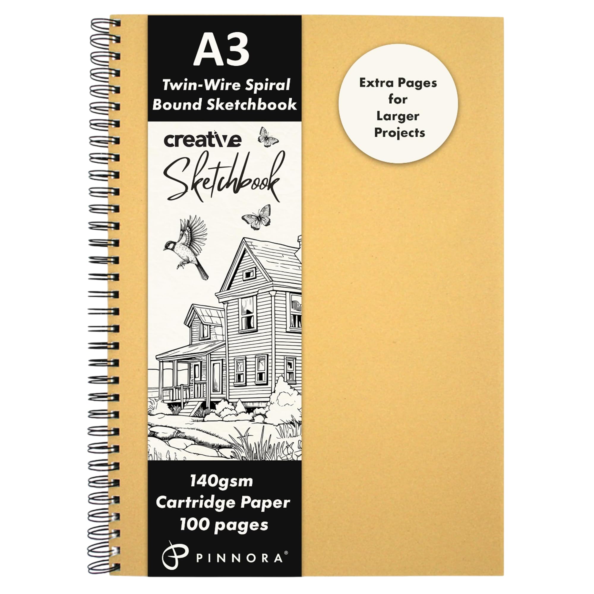 Pinnora A3 Kraft Cover Creative A3 Sketchbook (140Gsm) - Kraft Hardcover Sketch Book With Thick Cartridge Paper | Twin-Wire Spiral Bound Sketch Pad, A3 Drawing Pad For Sketching - Art Book For All Ages (100 Pages)