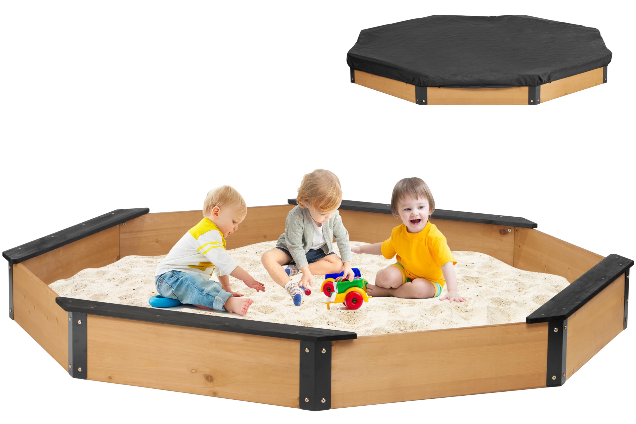 85''x78''x9'' Wooden Octagon Sandbox with Cover, Large Sandpit for Kids Outdoor Patio Backyard Play, Easy & Quick Assemble