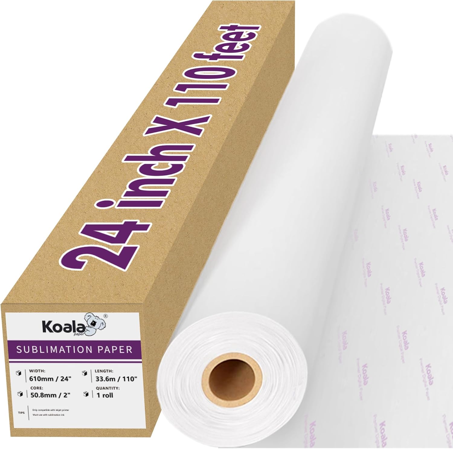 Koala Roll Sublimation Paper - 24" Width x 110' Length, 1 Roll, 3" Core, 105gsm, Wide Format Heat Transfer Paper for Custom Gifts