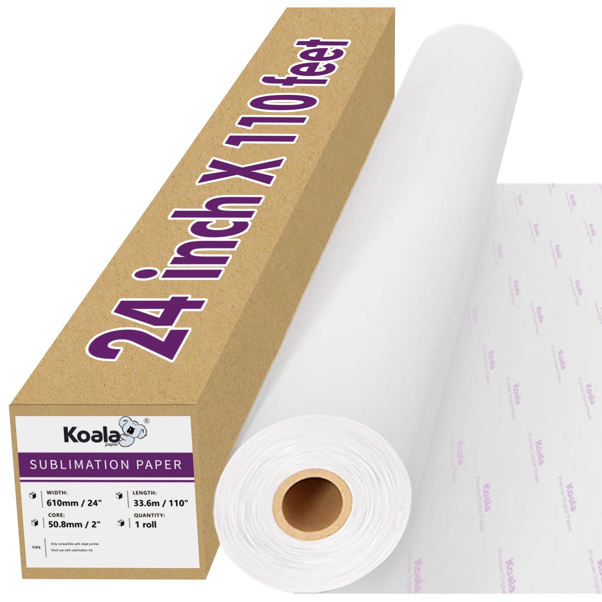 Koala Roll Sublimation Paper - 24" Width x 110' Length, 1 Roll, 3" Core, 105gsm, Wide Format Heat Transfer Paper for Custom Gifts