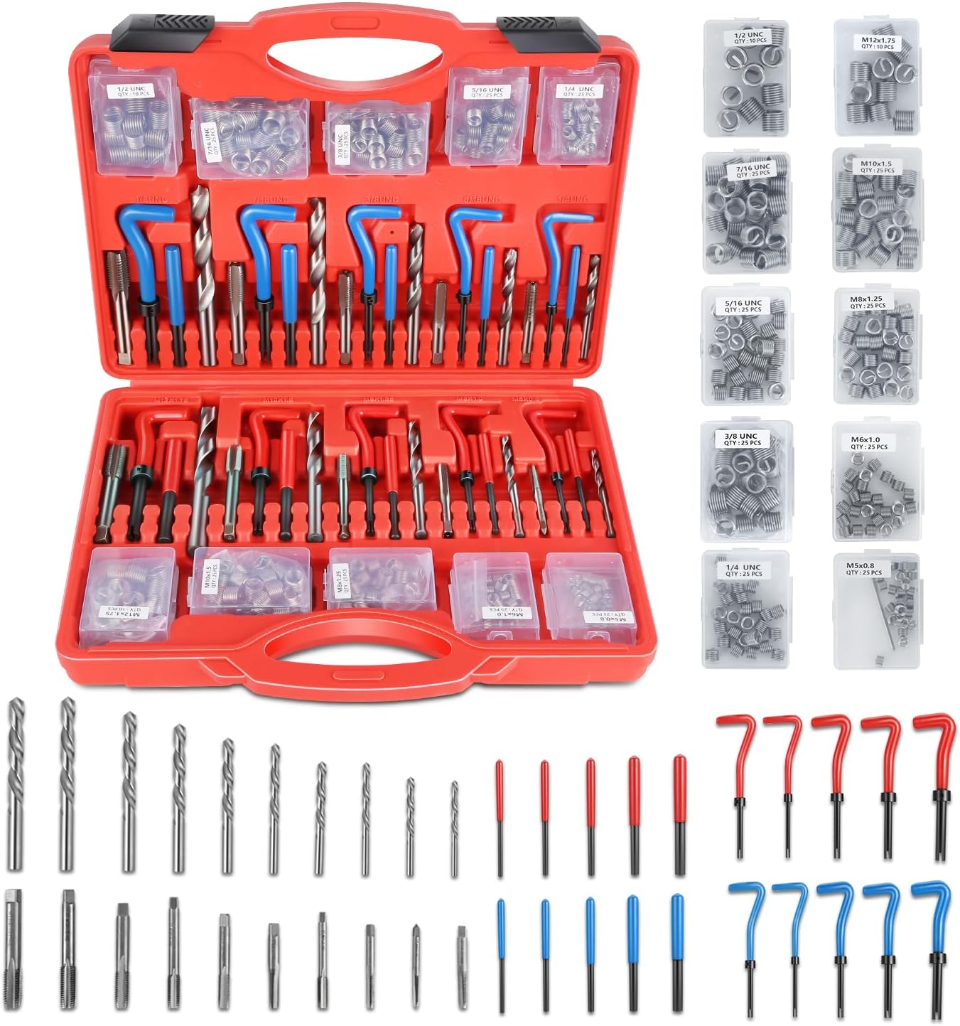 DNA MOTORING 261pcs Thread Repair Tool Kit, Metric SAE Heli Coil Thread Repair Kit HSS Drill Bits Inserts Taps, Rethreading Tools in 1/4" 5/16" 3/8" 7/16" 1/2" M5 M6 M8 M10 M12 Sizes, TOOLS-00716