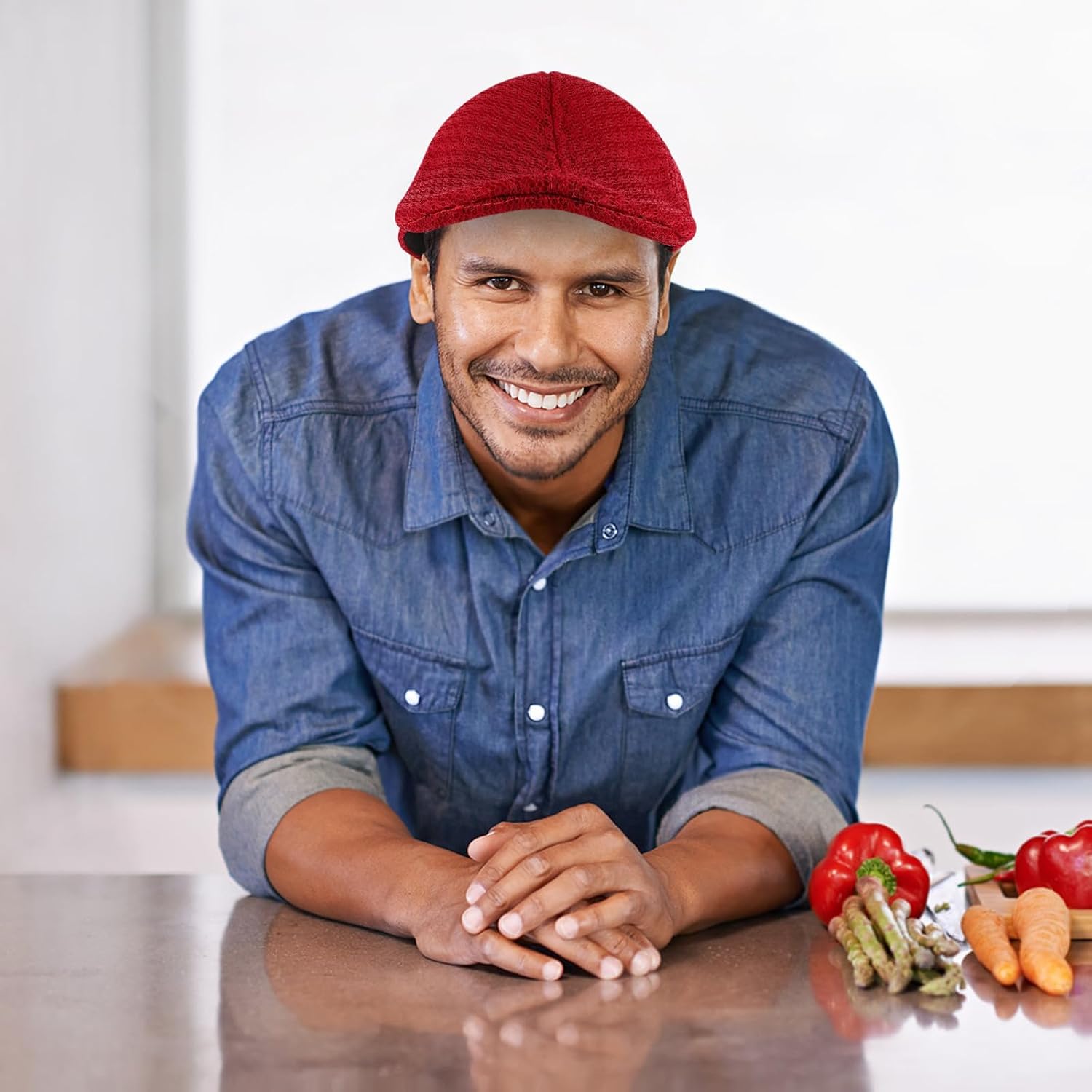 Ciieeo Chef Beanie Unisex Breathable Mesh Kitchen Cooking Hat Wine Red Adjustable Summer Serving Cap