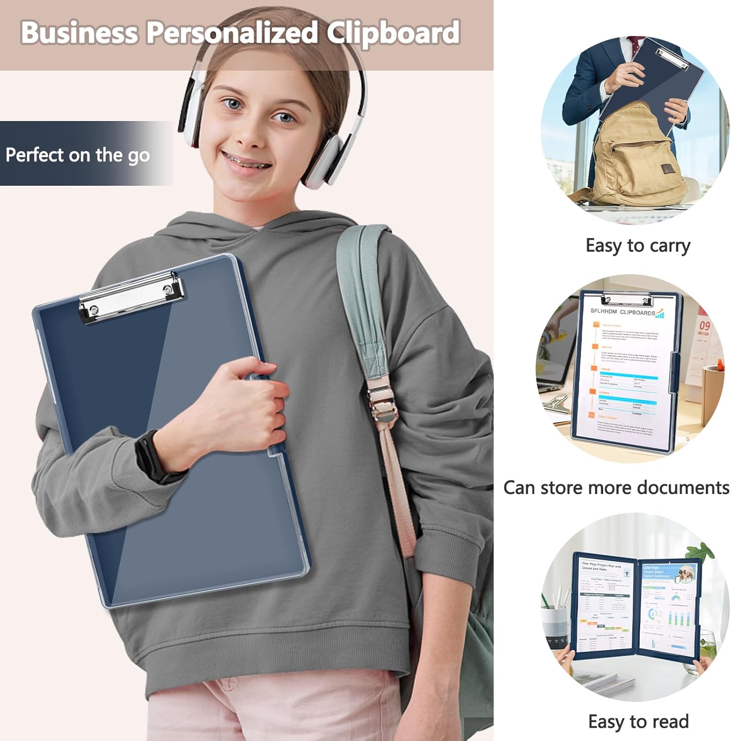 SFLHHDM Clipboard with Storage,Heavy Duty Clip Boards 8.5x11 with 2 Storage Case,Clear Visible Panel Storage Clipboards,Side Opening Nursing Clipboard Folder for Office Supplies-Grey Blue