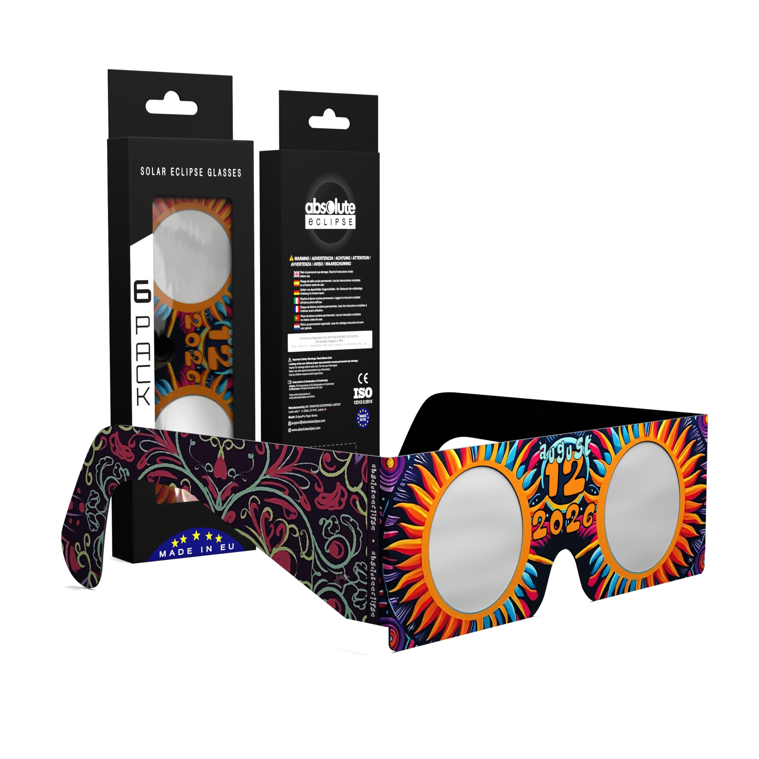 Solar Eclipse Glasses ISO 12312-2 CE Certified | Safe Solar Viewing Glasses UK | Paper Cardboard Frame | Total Solar Eclipse August 2026 | Made in EU | 6 Pack | Sunburst