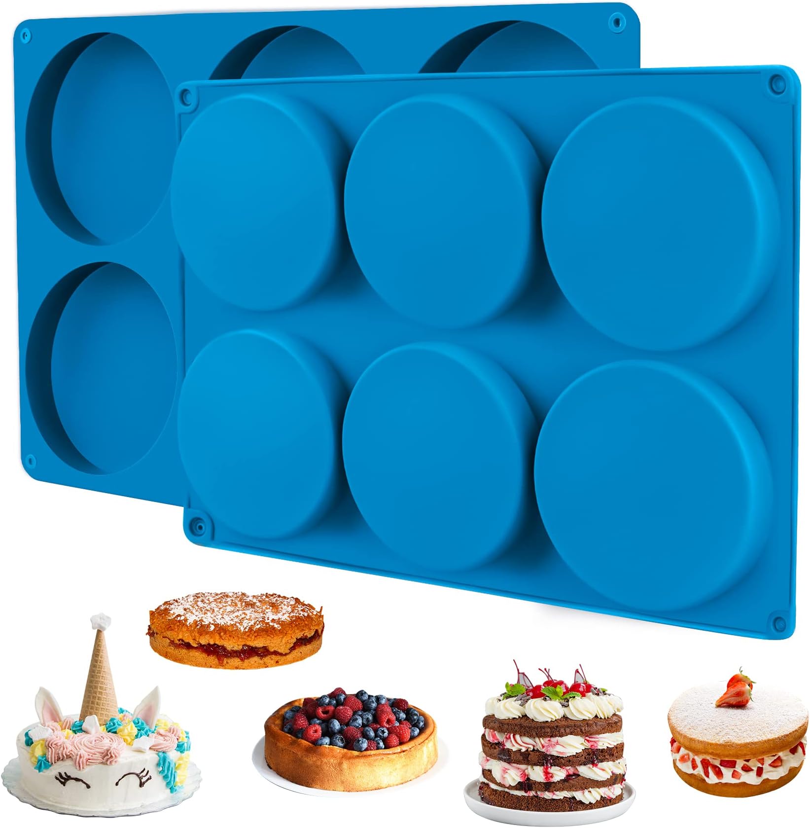 2 Pcs Large Silicone Molds for Baking, 6-Cavity Round Silicone Baking Mold, Non-Stick 4” Baking Disc Molds for Whoopie Pie, Egg Pan,Muffin, Candy, Soap, Hamburger, Resin Coasters (Blue)
