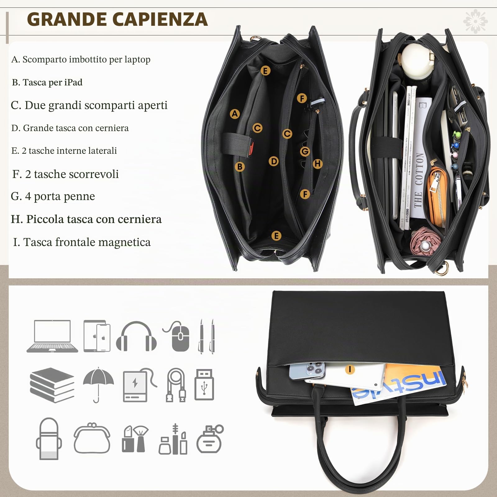 RAINSMORE Borsa porta PC Donna Borsa Donna Grande Borsa Lavoro Donna Borse Tote Borsa a Tracolla Pelle Scuola Elegante Universita Impermeabili 15.6 Pollici