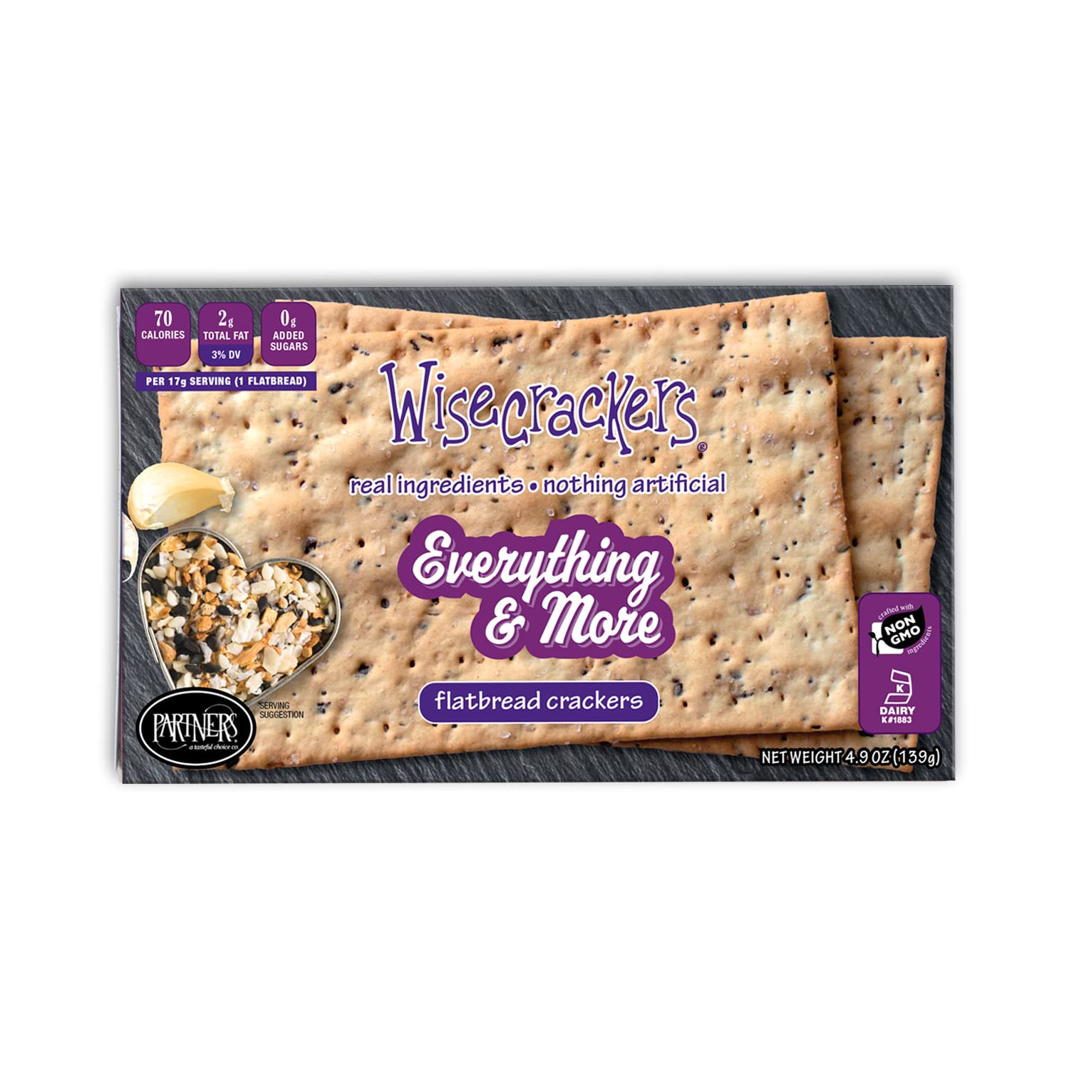 Wisecrackers Flatbread Crackers, Everything & More, 4.9 Ounce (Pack of 6), Made with Real Ingredients, Non-GMO, Kosher