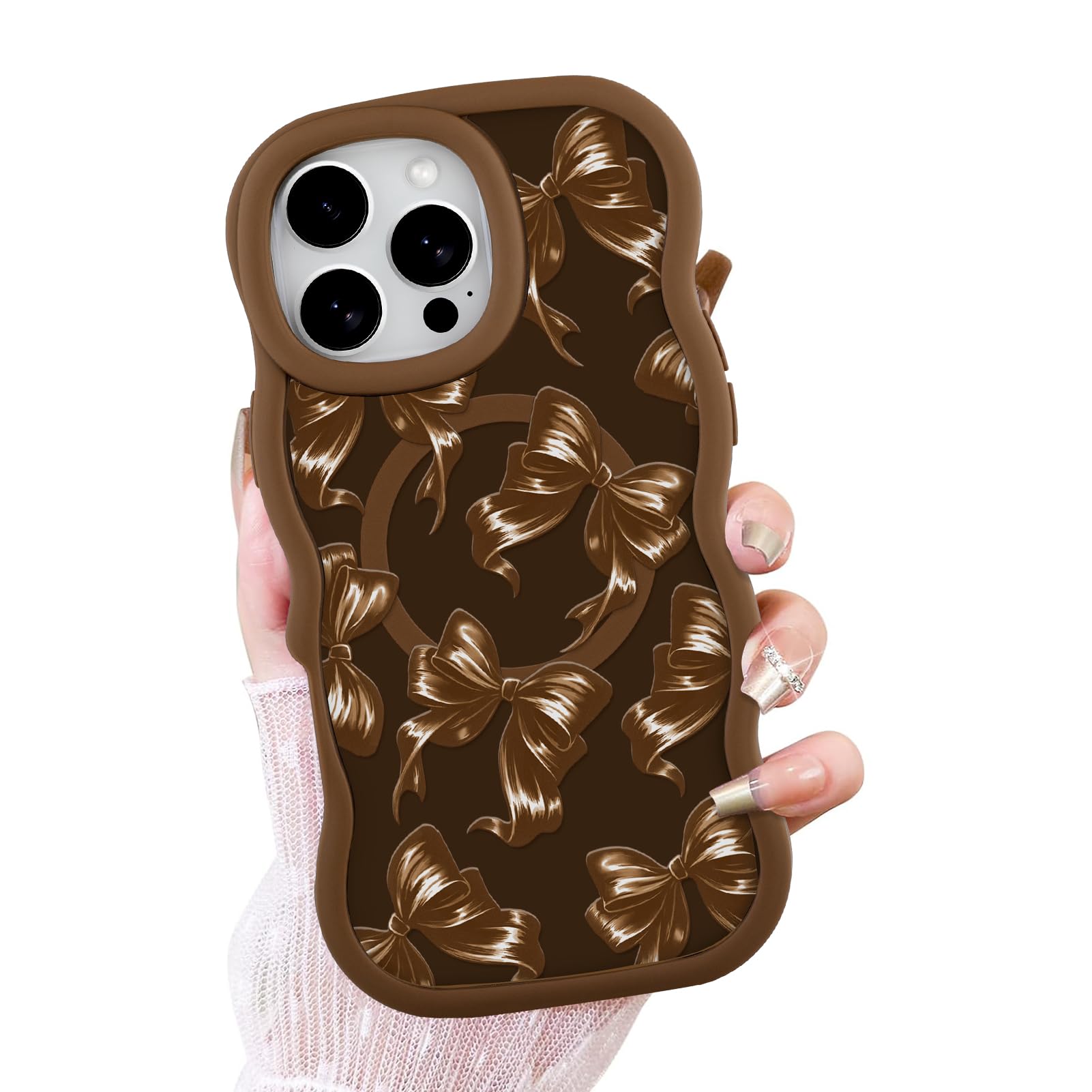 OOK Case for iPhone 14 Pro Case Compatible with MagSafe, Cute Bows Print Curly Wave Frame Design Frosted Shockproof for Women Girls Magnetic Phone