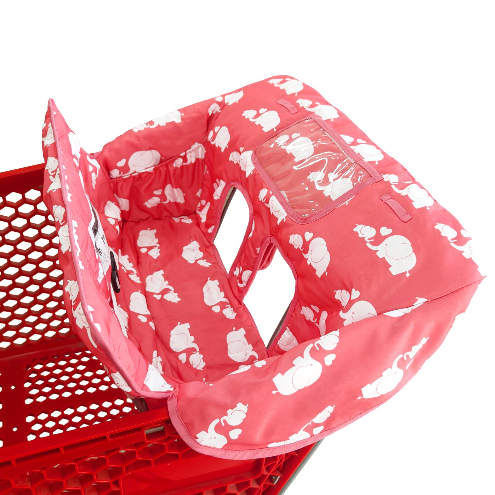 2-in-1 Shopping Cart and High Chair Cover for Baby, Padded Cover, Fold'n Roll Style, Portable with Carry Bag (Pink Elephant)