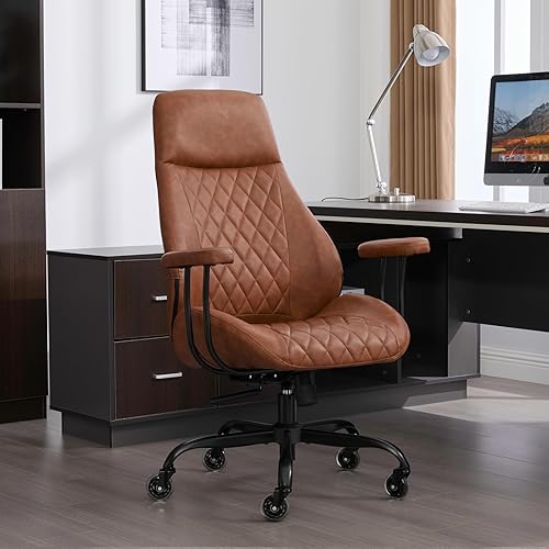 Miniatura 8 de Silla de escritorio de oficina en casa, silla ergonómica de cuero con respaldo alto, soporte lumbar, altura ajustable y reclinable, silla de oficina