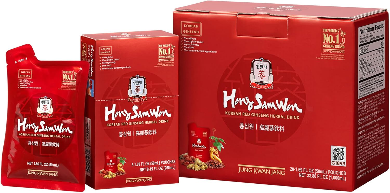 HongSamWon Korean Red Ginseng Drink | Energy Drink, Pre Workout, Herbal Tea, Ginseng Supplement | Korean Red Ginseng Extract, Jujube, Ginger, Cinnamon, Goji Berry | Vegan Friendly | 20 Count