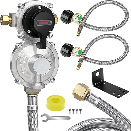 Regulador de gas propano LP de cambio automático de 2 etapas con 2 paquetes de mangueras de propano RV Pigtail de 18 pulgadas con manómetro + 1