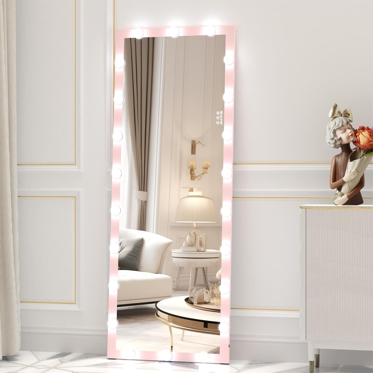ANYHI Full Length Mirror, 63" x 24", Pink Long Mirror with 22 LED Bulbs, 3 Color Lights, Dimmable, Thick Frame, Straight-Waist Design