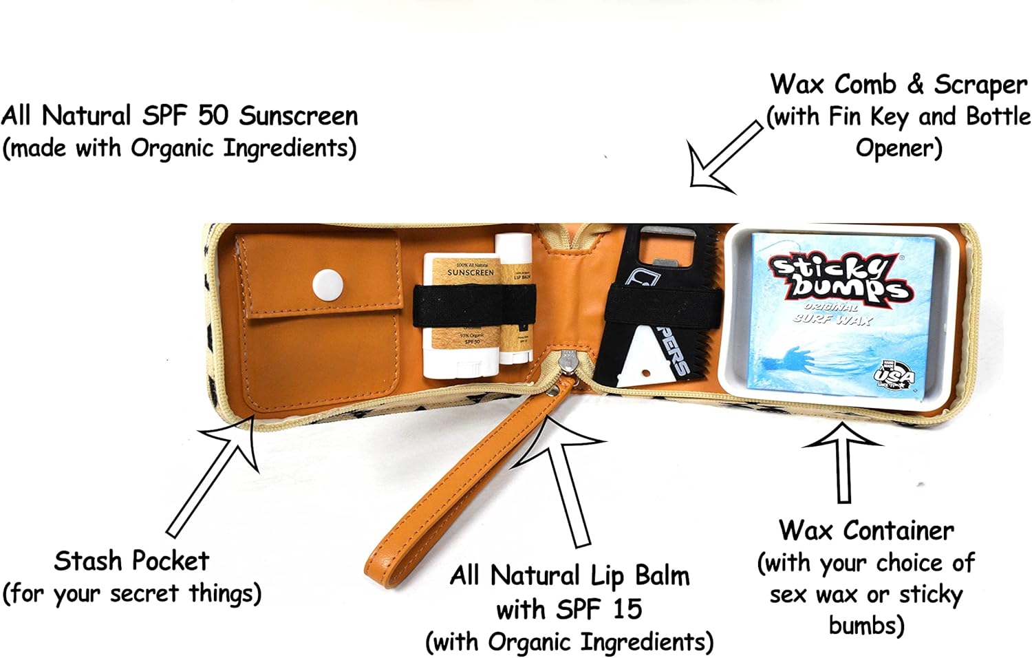 Surfer Gift & Surf Accessory with Stylish Zip Canvas Pouch, Surf Wax Holder, Elastic Loops for Sunscreen, Lip Balm & Wax Scraper - Items shown Included in Surf Kit (White Triangle, Sticky)