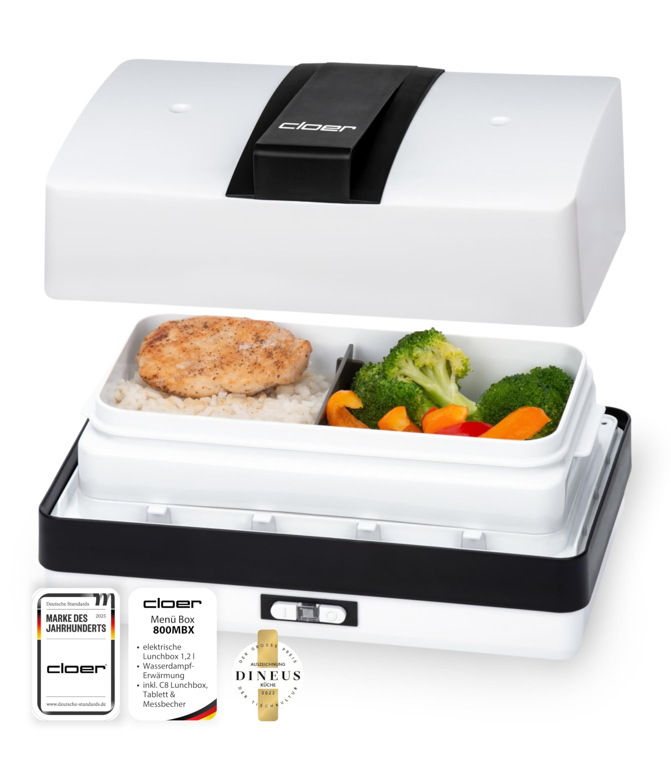 Cloer 800MBX Menübox elektrische Lunchbox zum Aufwärmen von Speisen-inkl 1,2 l, Tablett und Messbecher herausnehmbarer Träger Edelstahlkochplatte, kombinierbar Lunchbox-Sets, Weiß, 1,2 Liter