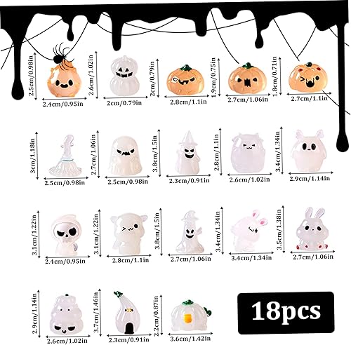 Miniatura 5 de Decoraciones de Halloween en miniatura, 18 piezas de accesorios de pueblo miniatura, calabaza, momia, conejo, fantasma, resina, que brilla en la
