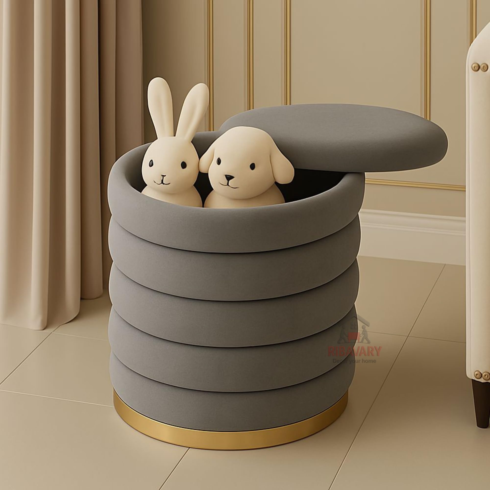 ribavary velvet luxurious round ottoman storage box dutch velvet pouffe footstool, footrest vanity stool with lids for bedroom living room balcony snack (with storage, grey)