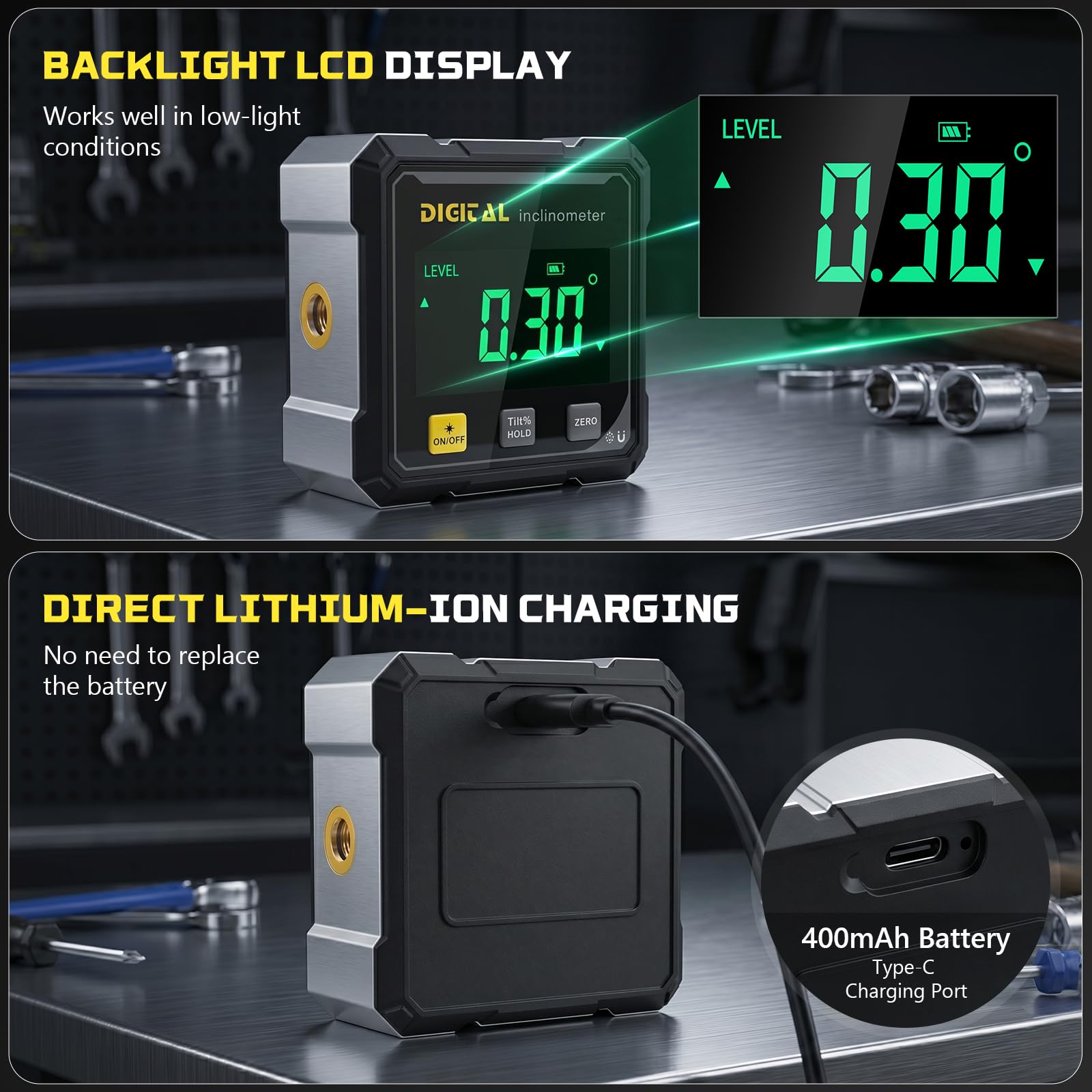 Digitaler Winkelmesser mit Laser, Neigungsmesser Digital, 4-Seitiges Digitaler Winkelmesser Magnetisch, LCD Display, IP54 Wasserdicht, ±0,1° Präzision Inklinometer für BAU, Maschinen, Dekoration