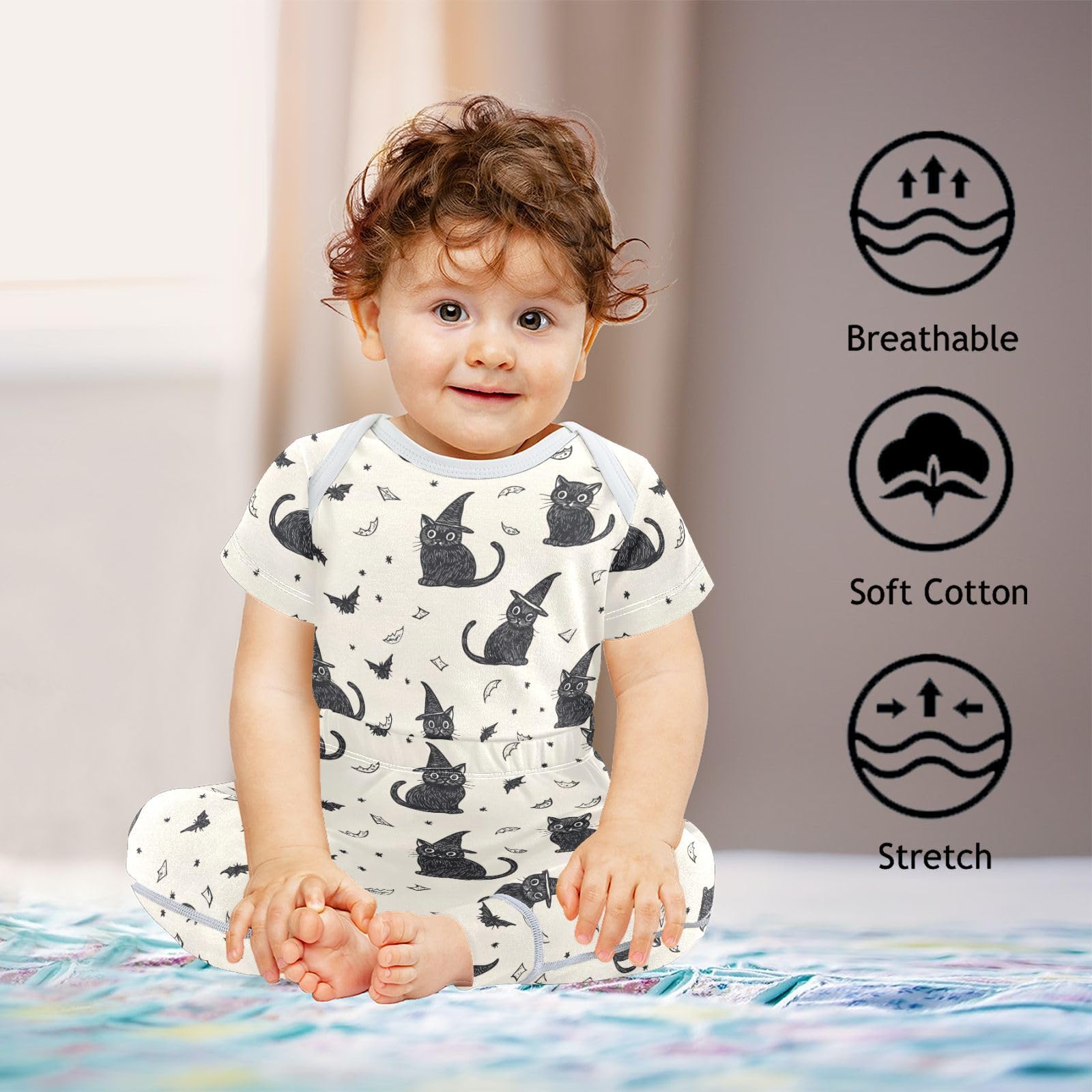 vvfelixl Unisex Short Sleeve Baby Pants Sets,Cartoon Witch‘s Kitten Baby Bodysuits Set,Babys Layette Sets Clothes for 18-24M