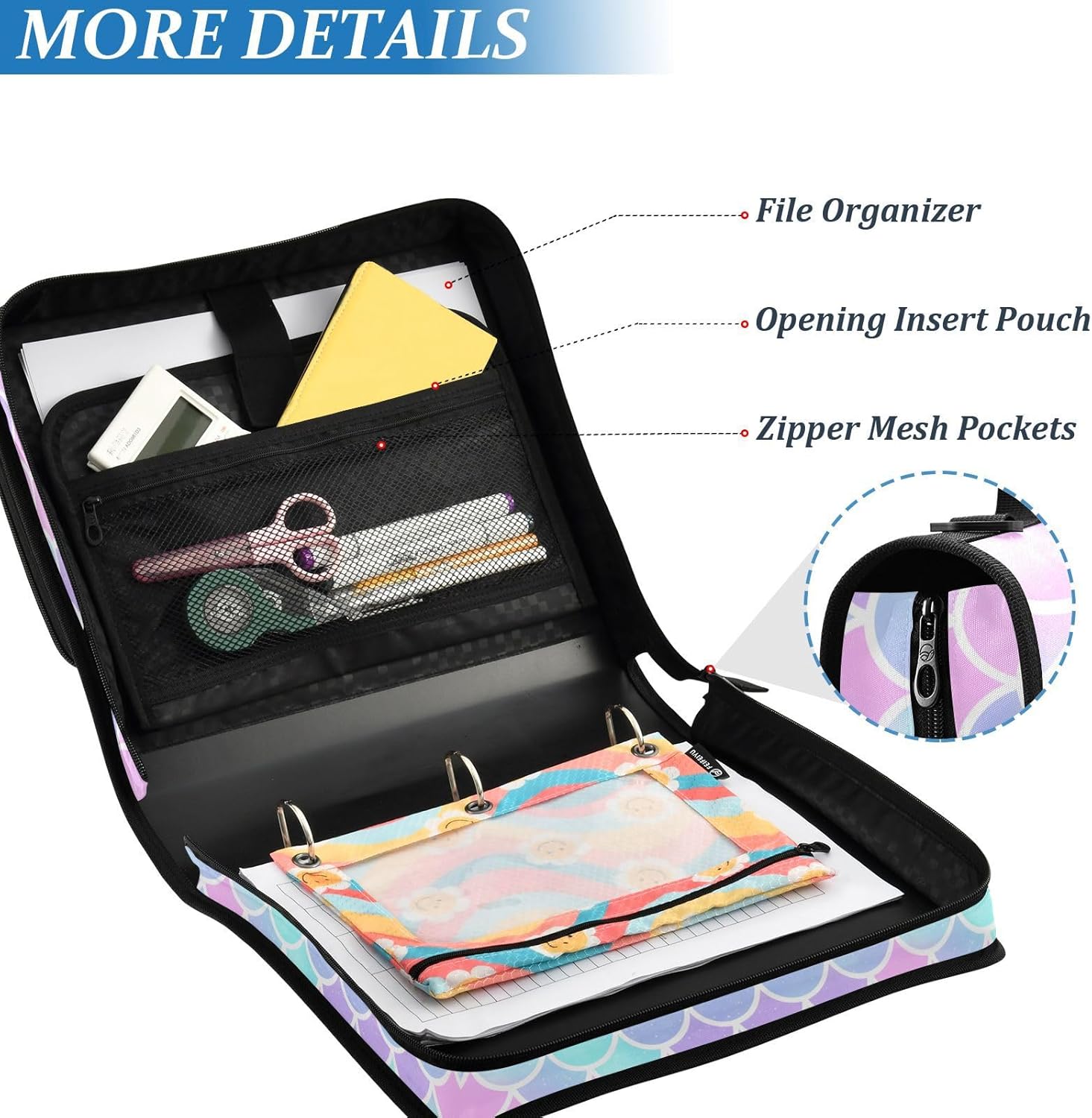 Mermaid Blue Pink Pattern 3 Ring Zipper Binder with Shoulder Strap & Handle 1.5 Inch D-Ring Zippered Bag with Pencil Pouch,Expanding File Folder, Binder Organizer for School or Office