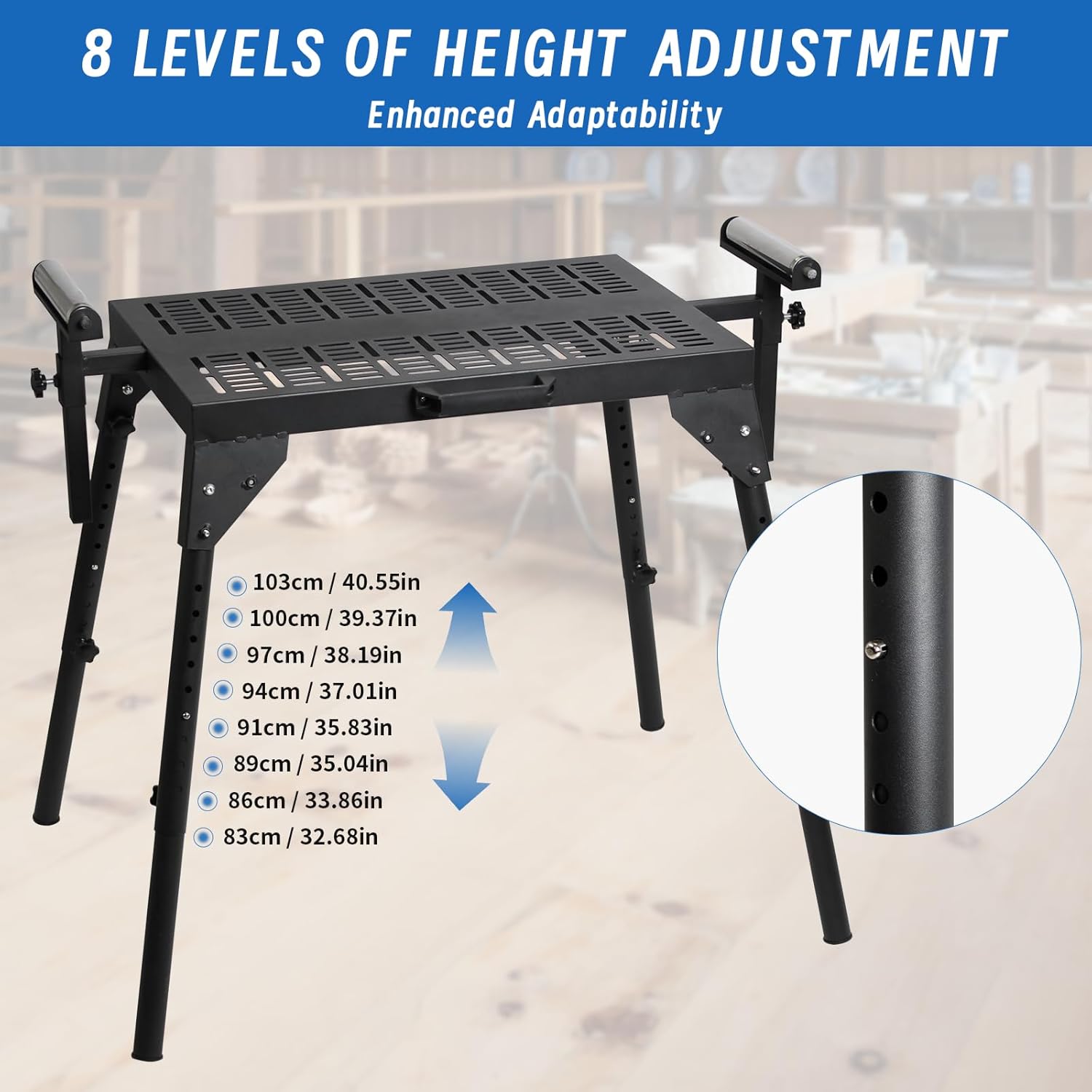 Miter Saw Stand with Extension Rollers,300 lbs Load Capacity Power Tool Stand,8 Levels Height Adjustable Table Saw Stand,for Most Planers, Saws, Bench-top Machines, Power Tools,Planer Table Stand