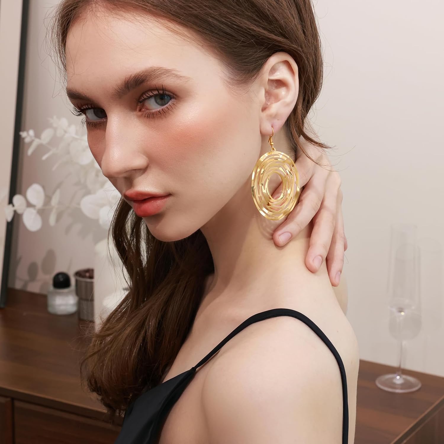 Large Gold Earrings, Big Earrings for Women, Long Dangling Bohemian Earrings, Gold Drop Earrings, Handmade Trendy Geometric Fish Hook Statement Earrings - Image 7