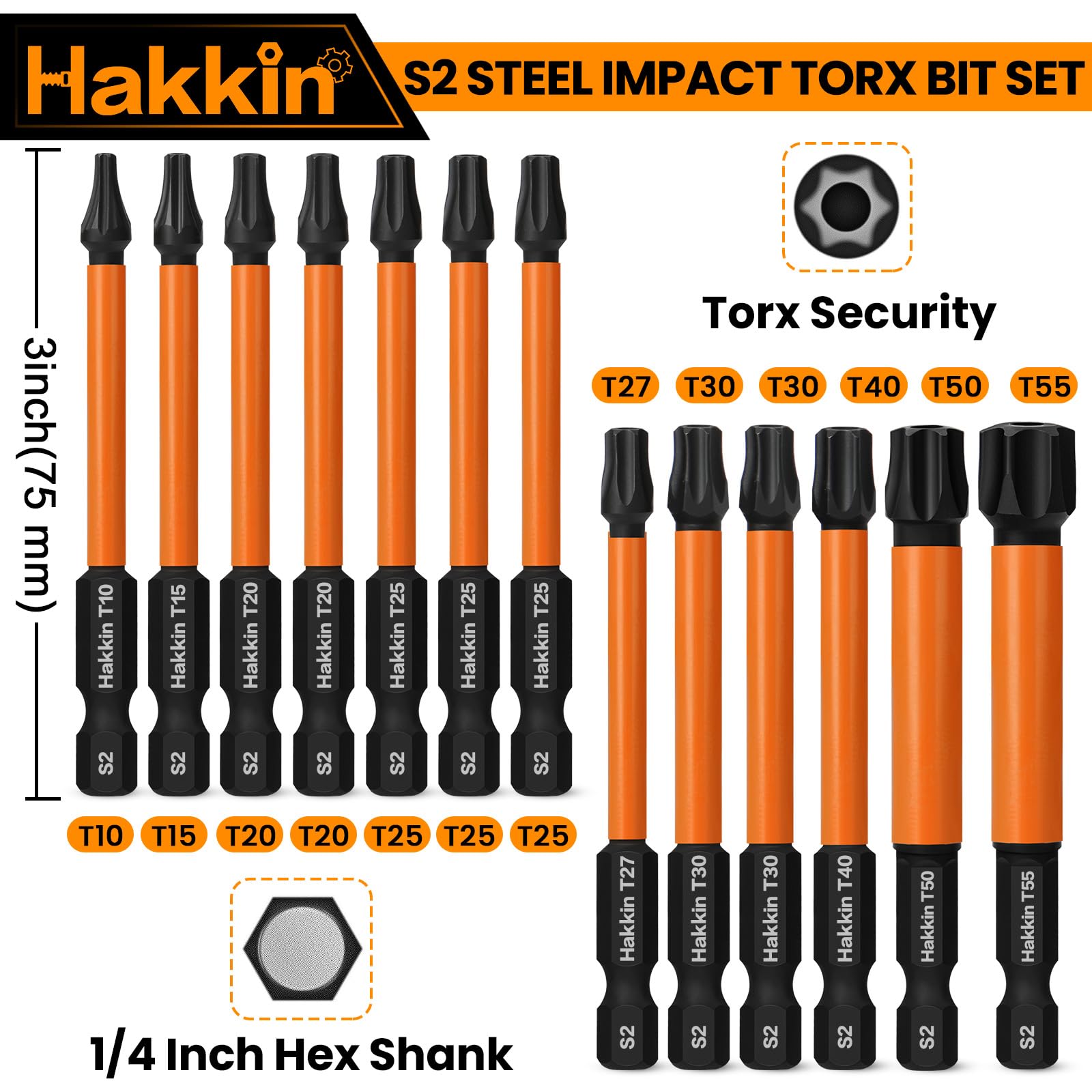 Torx Bit Set Hakkin 13Pcs Impact Torx Bit Set S2 Steel 75mm Heavy Duty Tamper Proof Torx Screwdriver Sets for Impact Driver T10 T15 T20 T25 T27 T30 T40 T50 T55 - Image 3
