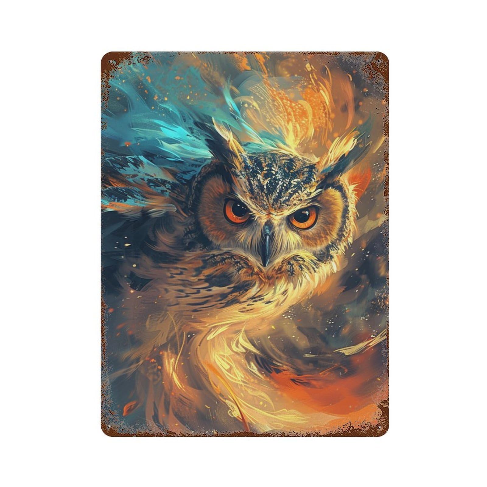 Magical Fire Owl Artwork Aged Metal Wall Plaque 15.7"x11.8", Industrial Home Decor for Garage, Pub Or Kitchen